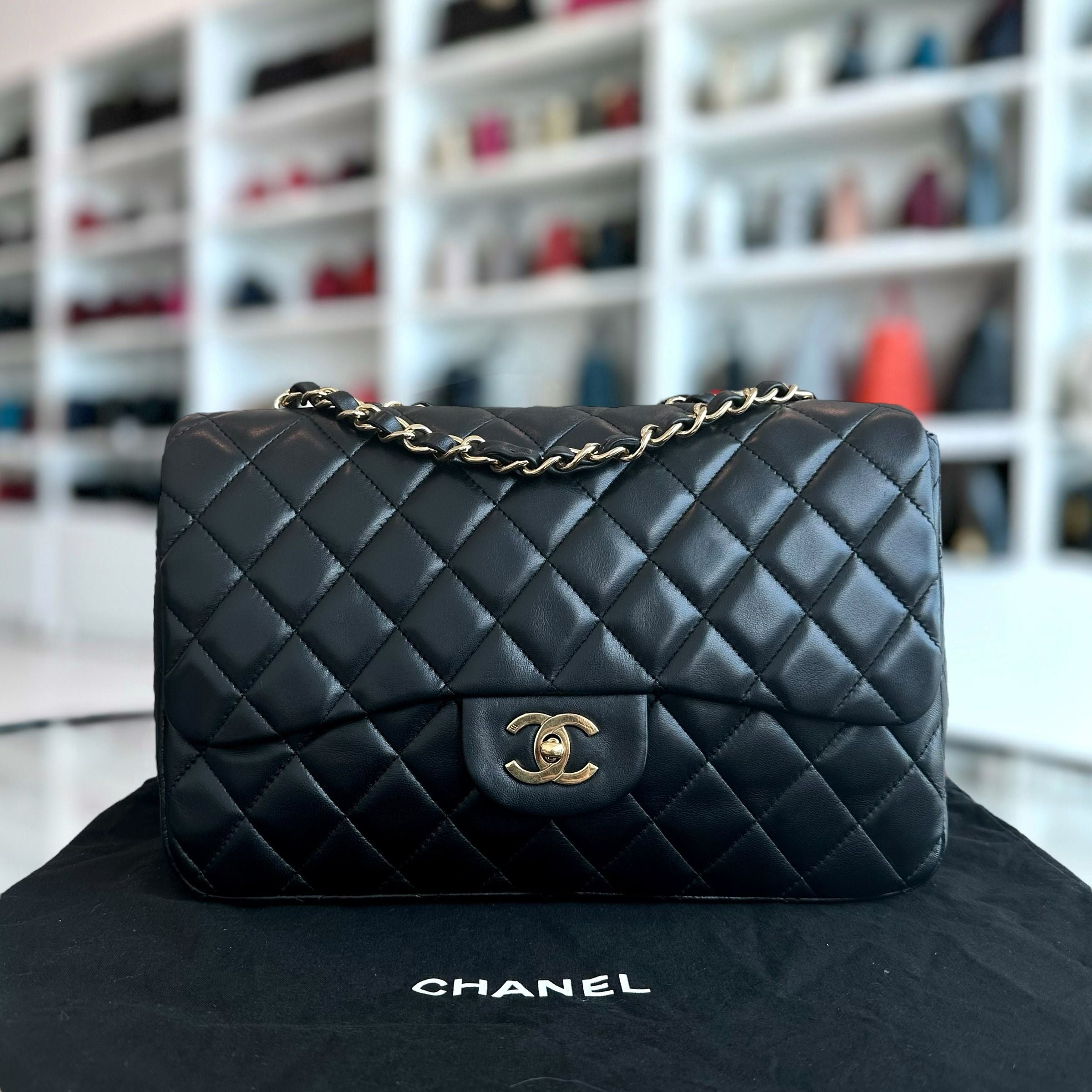 Chanel Jumbo Classic Flap Single Flap Quilted Lambskin Black GHW No 12 - Luxury Evermore