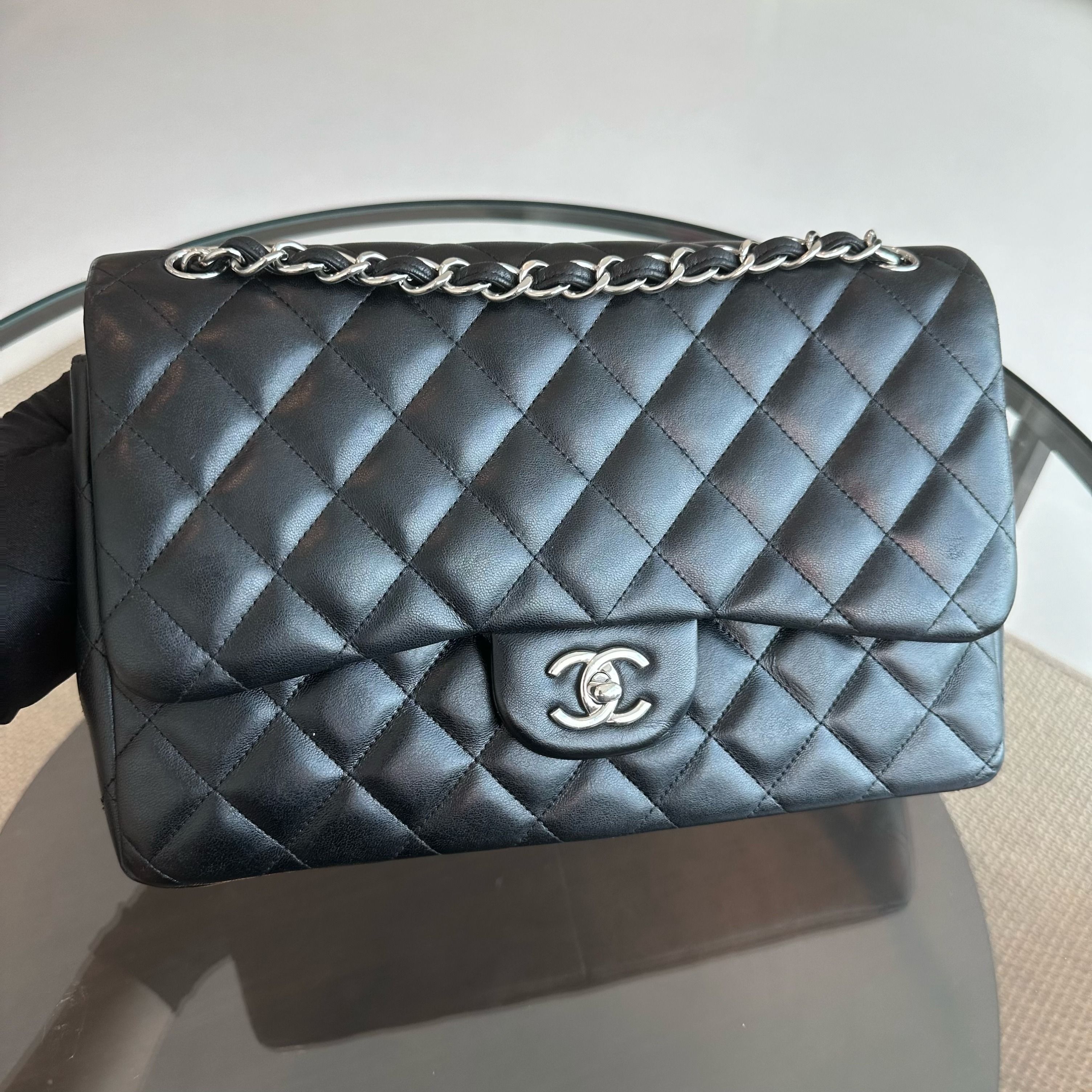 Chanel Jumbo Double Flap Classic Flap Lambskin Quilted Black SHW No 18 - Luxury Evermore