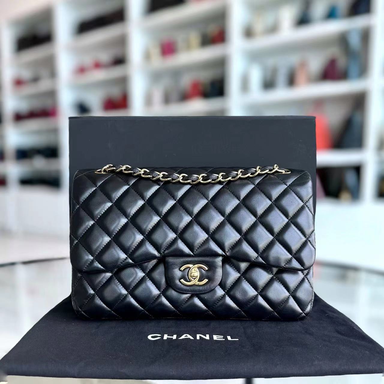 Chanel Jumbo Double Flap Classic Flap Quilted Lambskin Black Golden Hardware Series 16 - Luxury Evermore