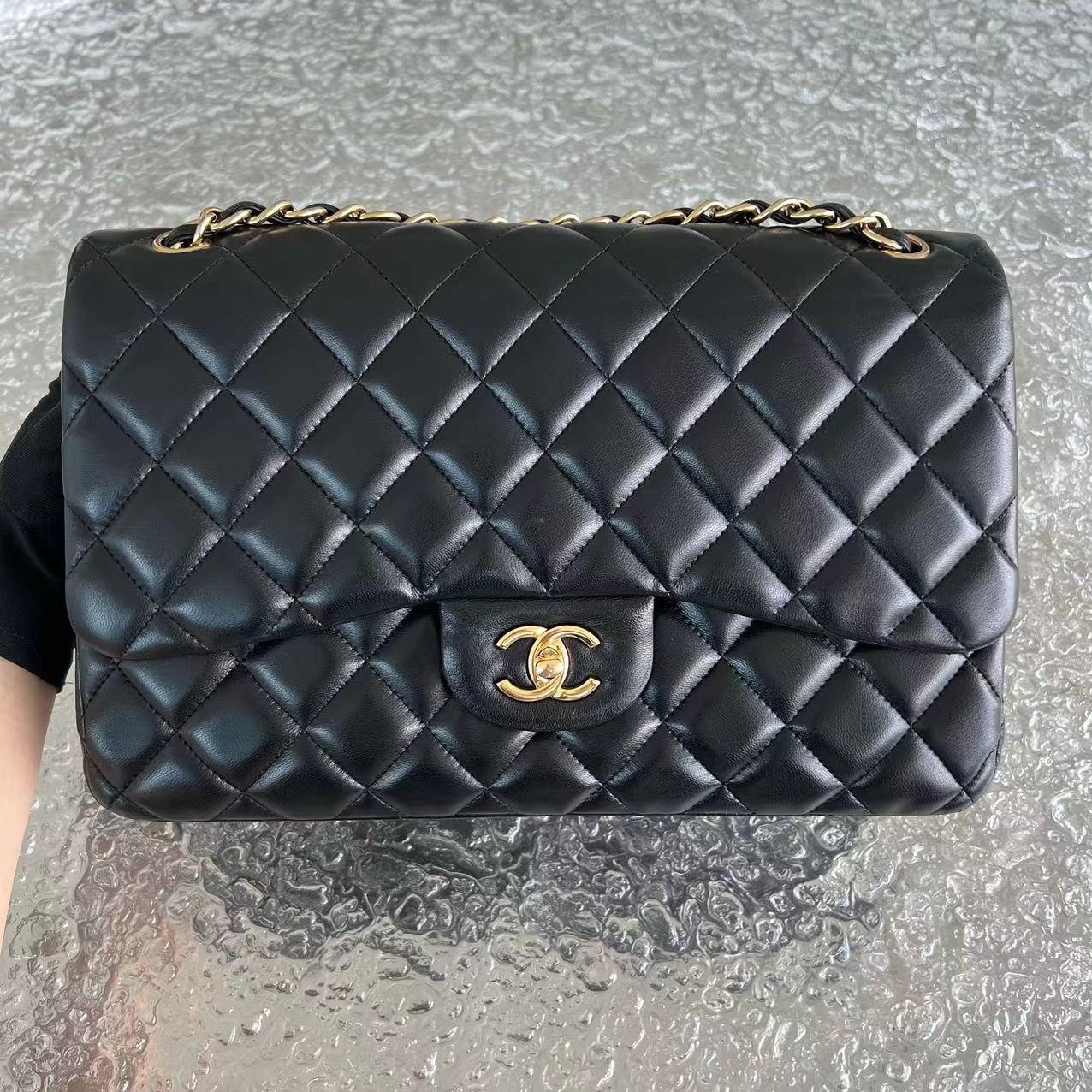 Chanel Jumbo Double Flap Classic Flap Quilted Lambskin Black Golden Hardware Series 16 - Luxury Evermore