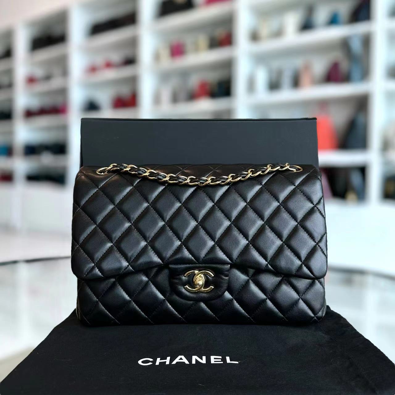 Chanel Jumbo Double Flap Classic Flap Quilted Lambskin Black Golden Hardware Series 22 - Luxury Evermore