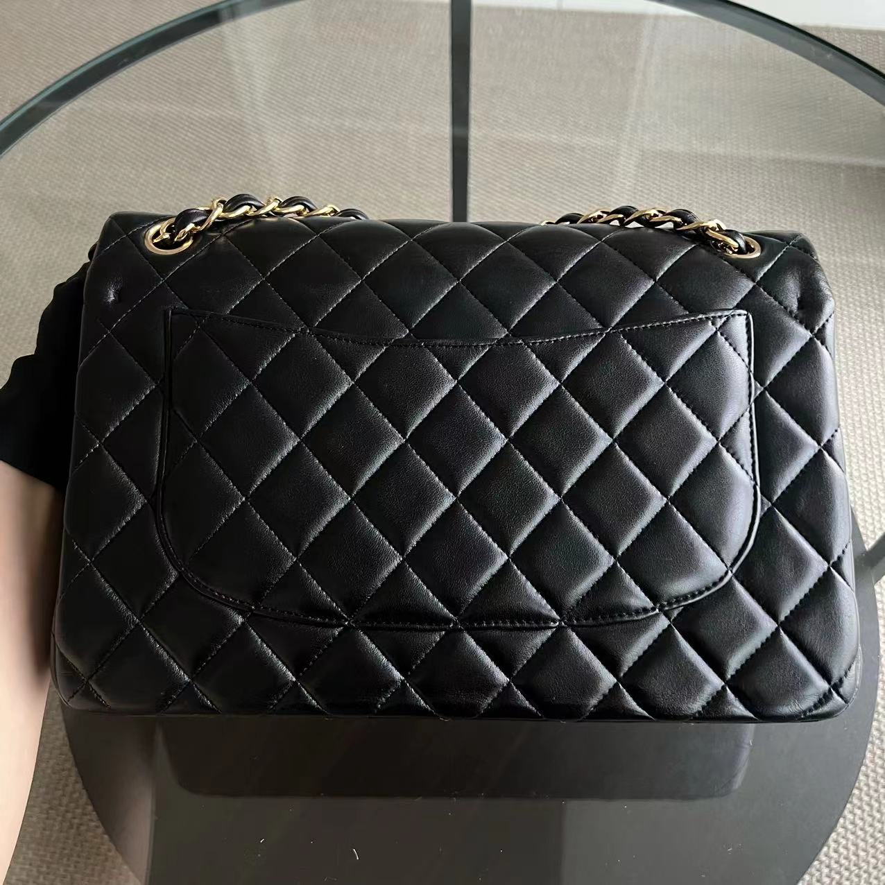 Chanel Jumbo Double Flap Classic Flap Quilted Lambskin Black Golden Hardware Series 22 - Luxury Evermore