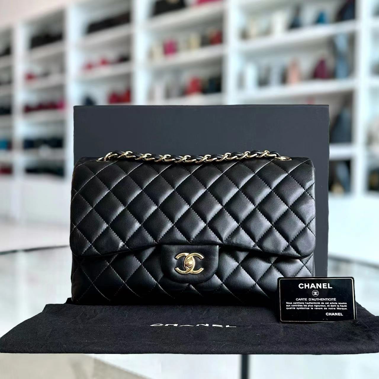 Chanel Jumbo Double Flap Classic Flap Quilted Lambskin Black No 23 - Luxury Evermore