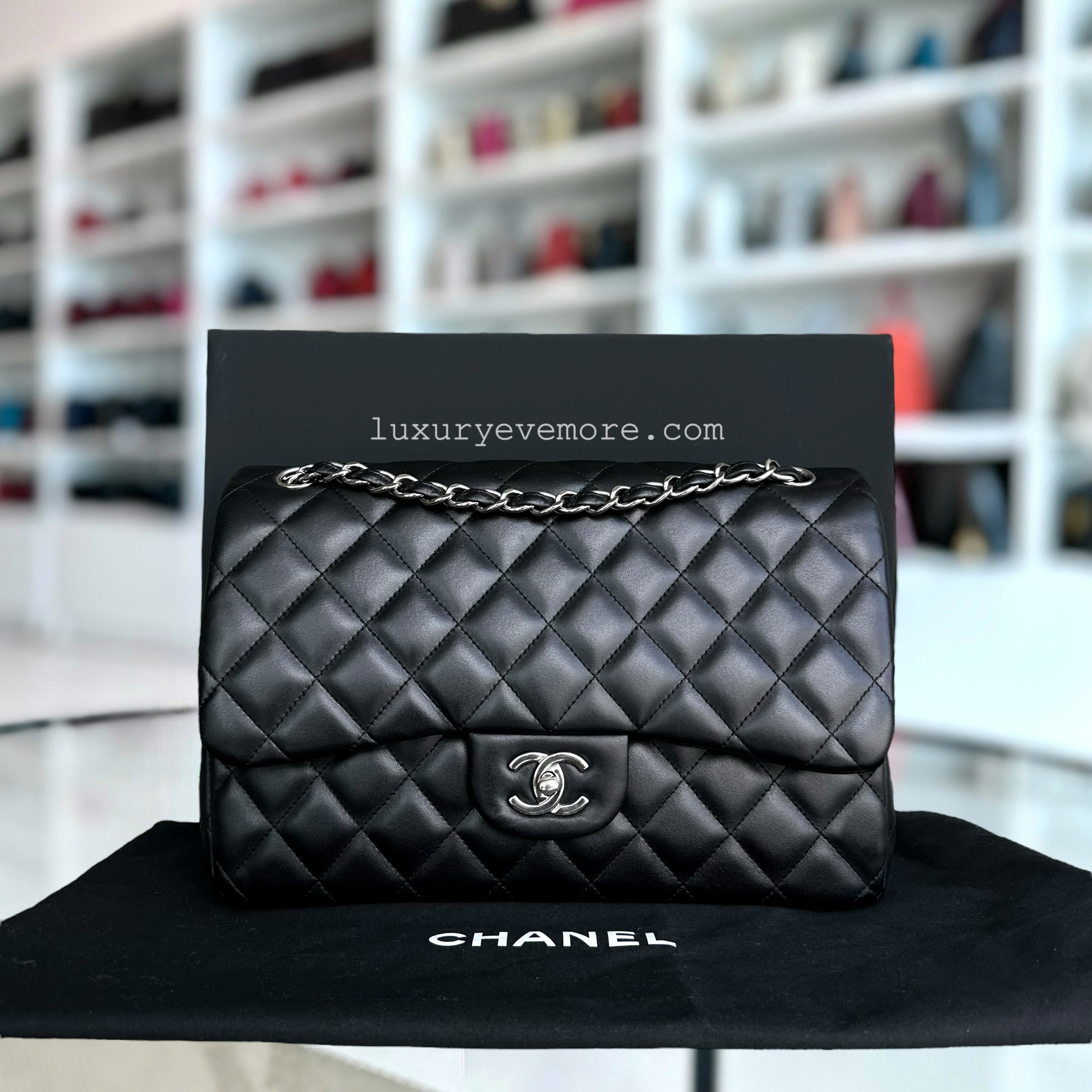 Chanel Jumbo Double Flap Classic Flap Quilted Lambskin Black Silver Hardware Series 18 - Luxury Evermore