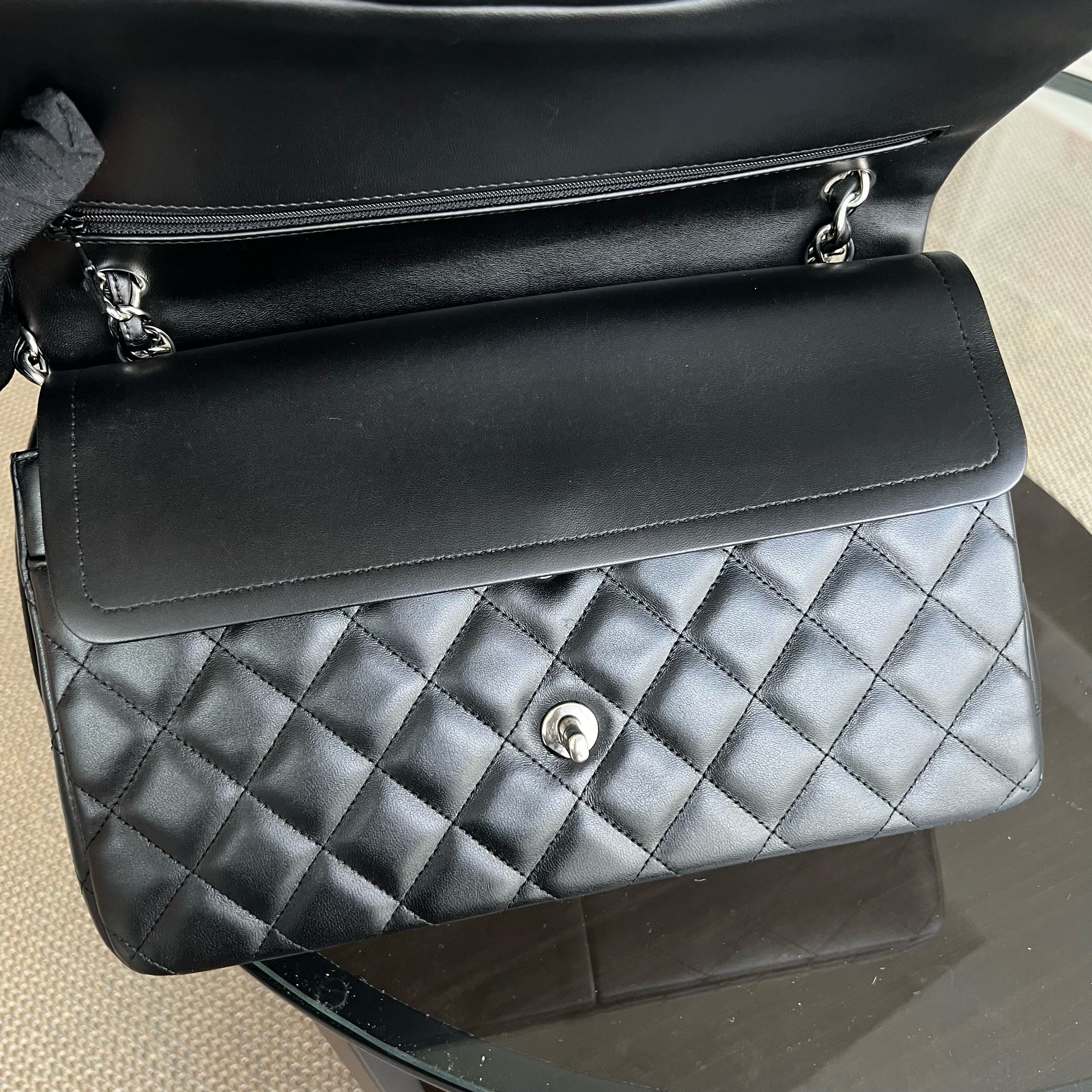 Chanel Jumbo Double Flap Classic Flap Quilted Lambskin Black Silver Hardware Series 18 - Luxury Evermore