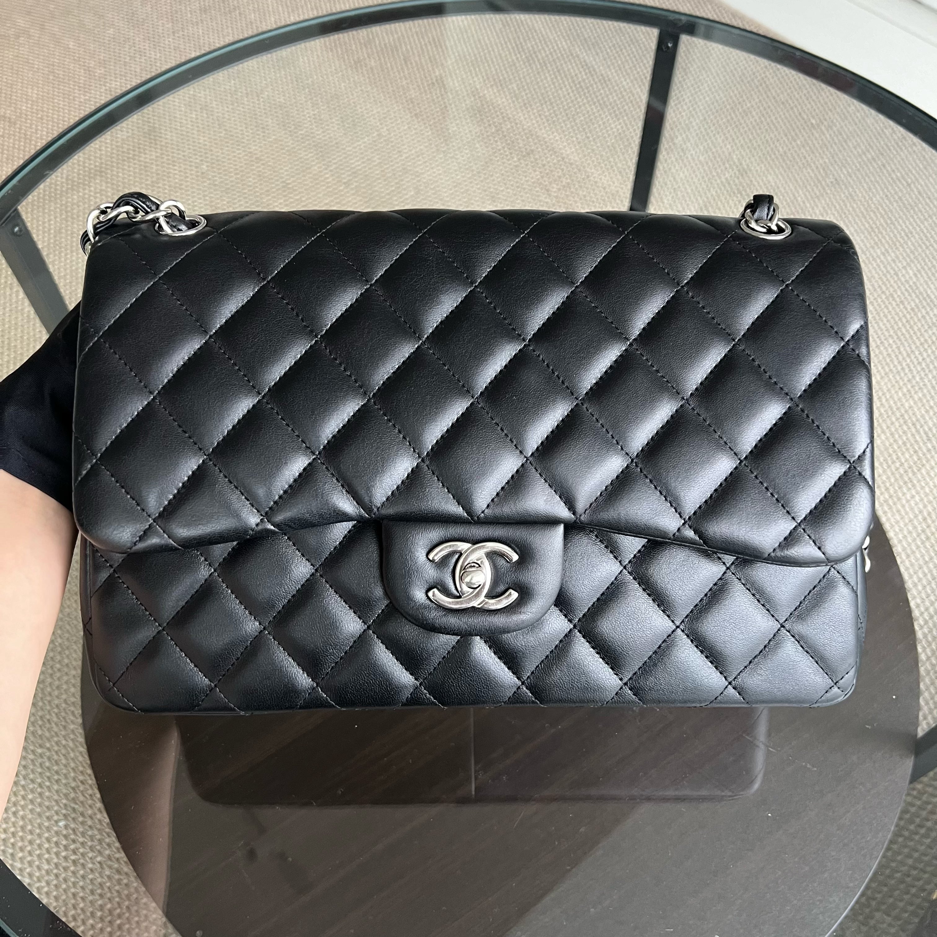 Chanel Jumbo Double Flap Classic Flap Quilted Lambskin Black Silver Hardware Series 18 - Luxury Evermore