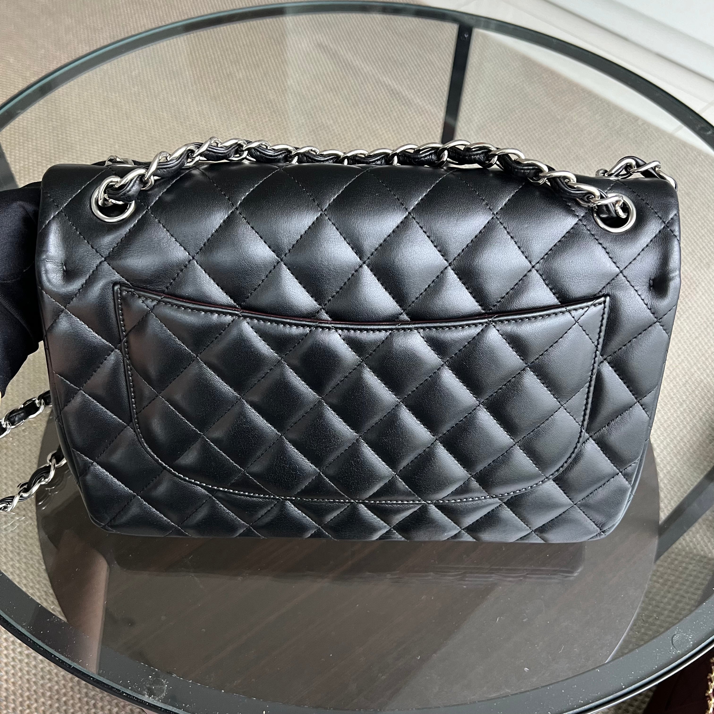 Chanel Jumbo Double Flap Classic Flap Quilted Lambskin Black Silver Hardware Series 18 - Luxury Evermore