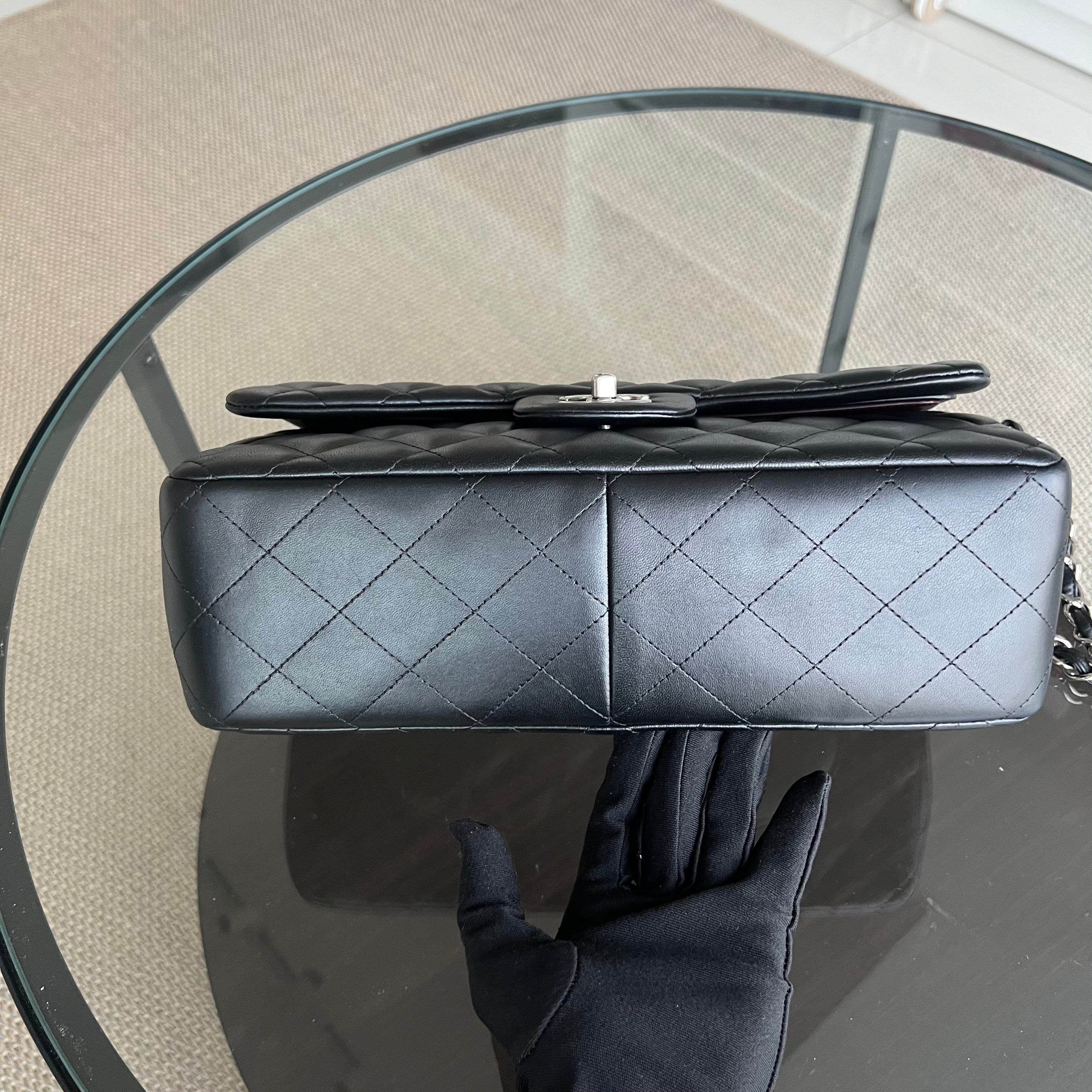 Chanel Jumbo Double Flap Classic Flap Quilted Lambskin Black Silver Hardware Series 18 - Luxury Evermore