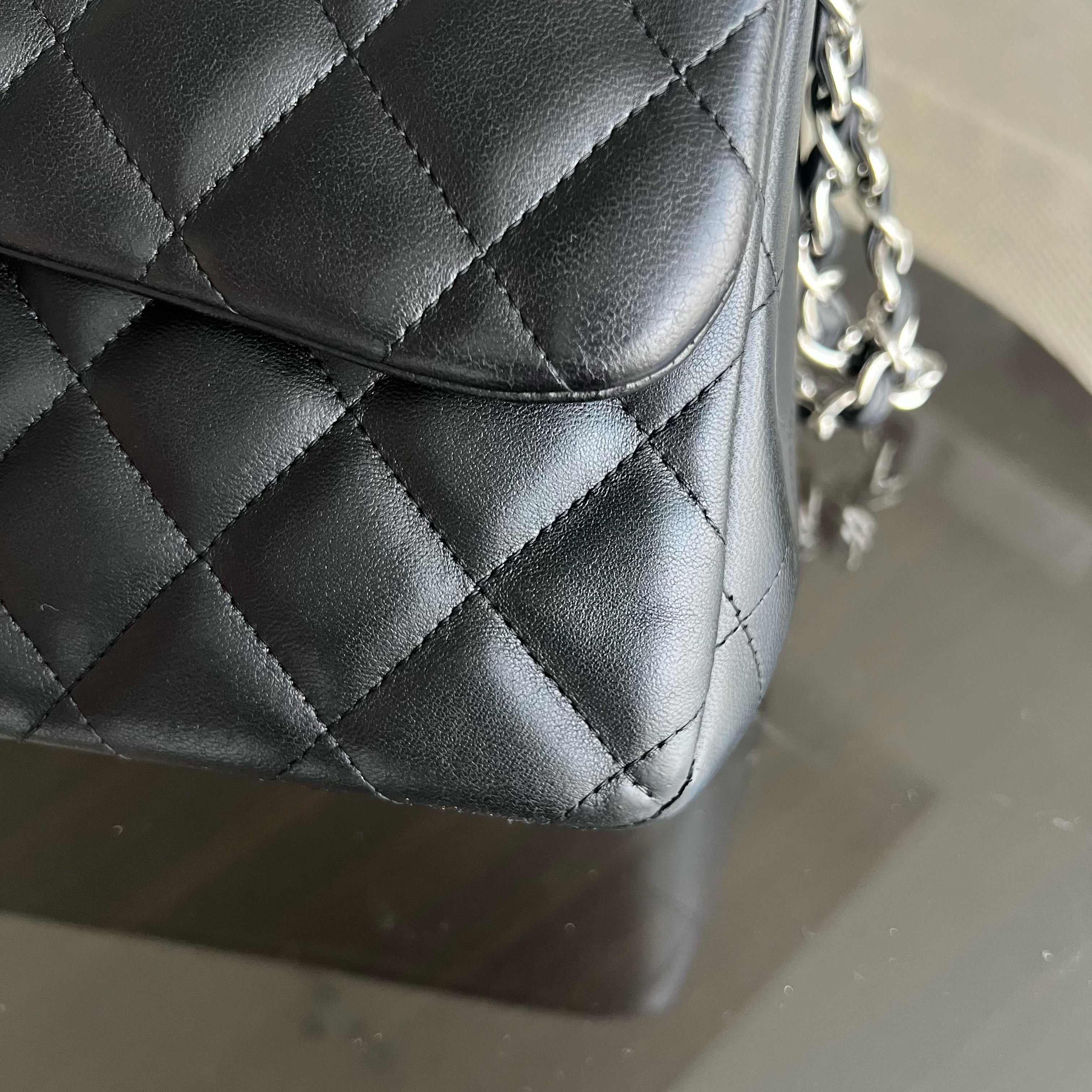 Chanel Jumbo Double Flap Classic Flap Quilted Lambskin Black Silver Hardware Series 18 - Luxury Evermore