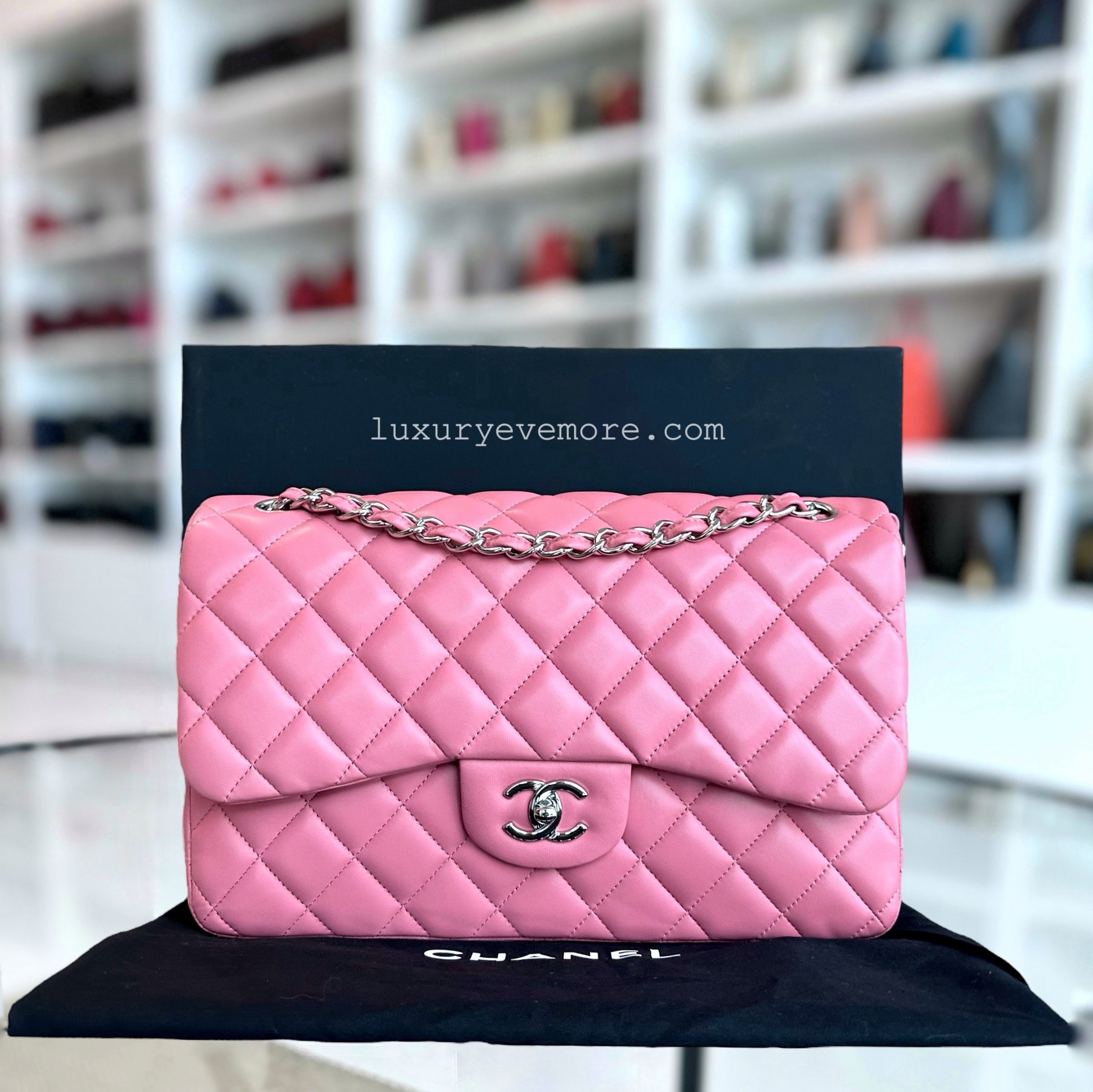 Chanel Jumbo Double Flap Classic Flap Quilted Lambskin Sakura Pink Silver Hardware Series 18 - Luxury Evermore