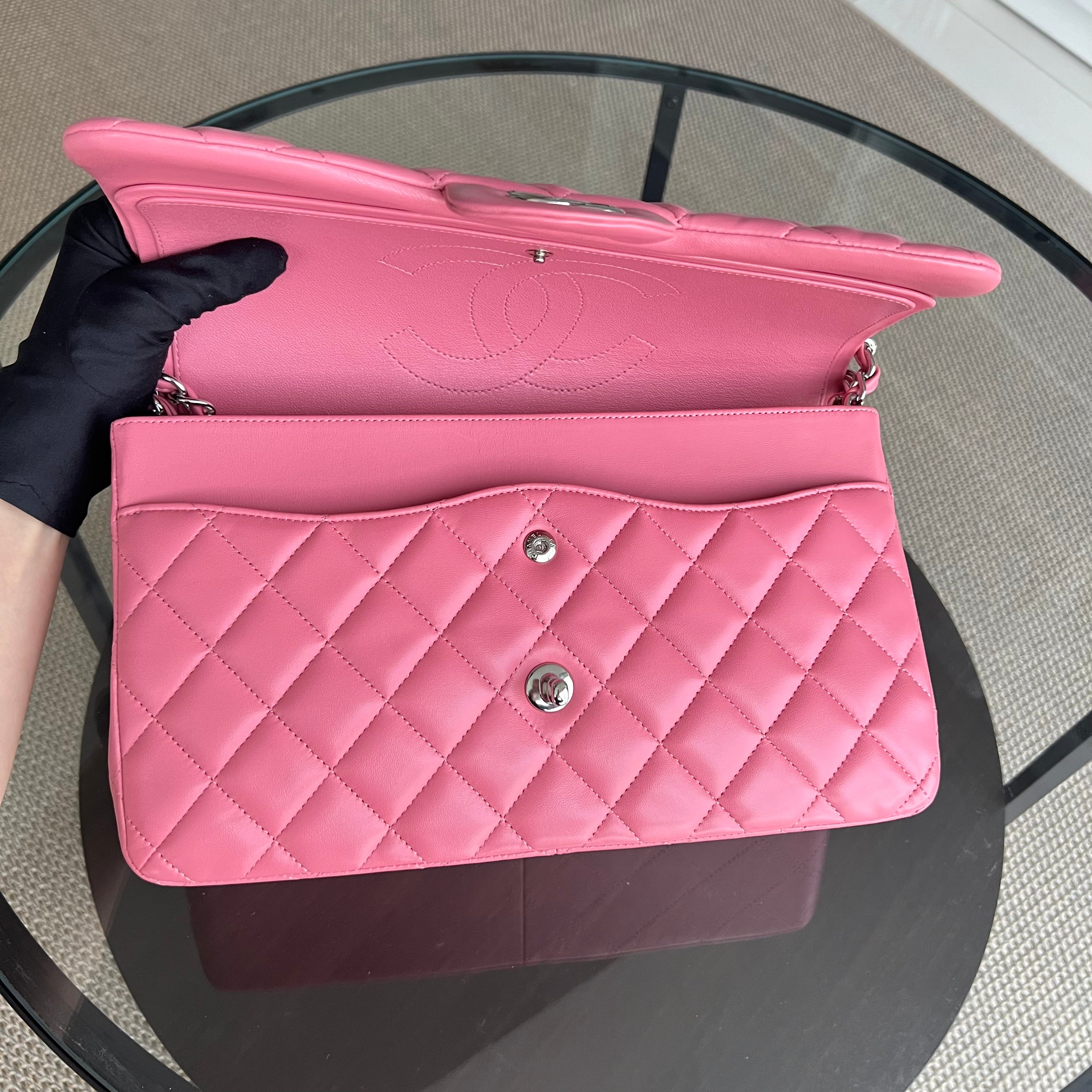 Chanel Jumbo Double Flap Classic Flap Quilted Lambskin Sakura Pink Silver Hardware Series 18 - Luxury Evermore