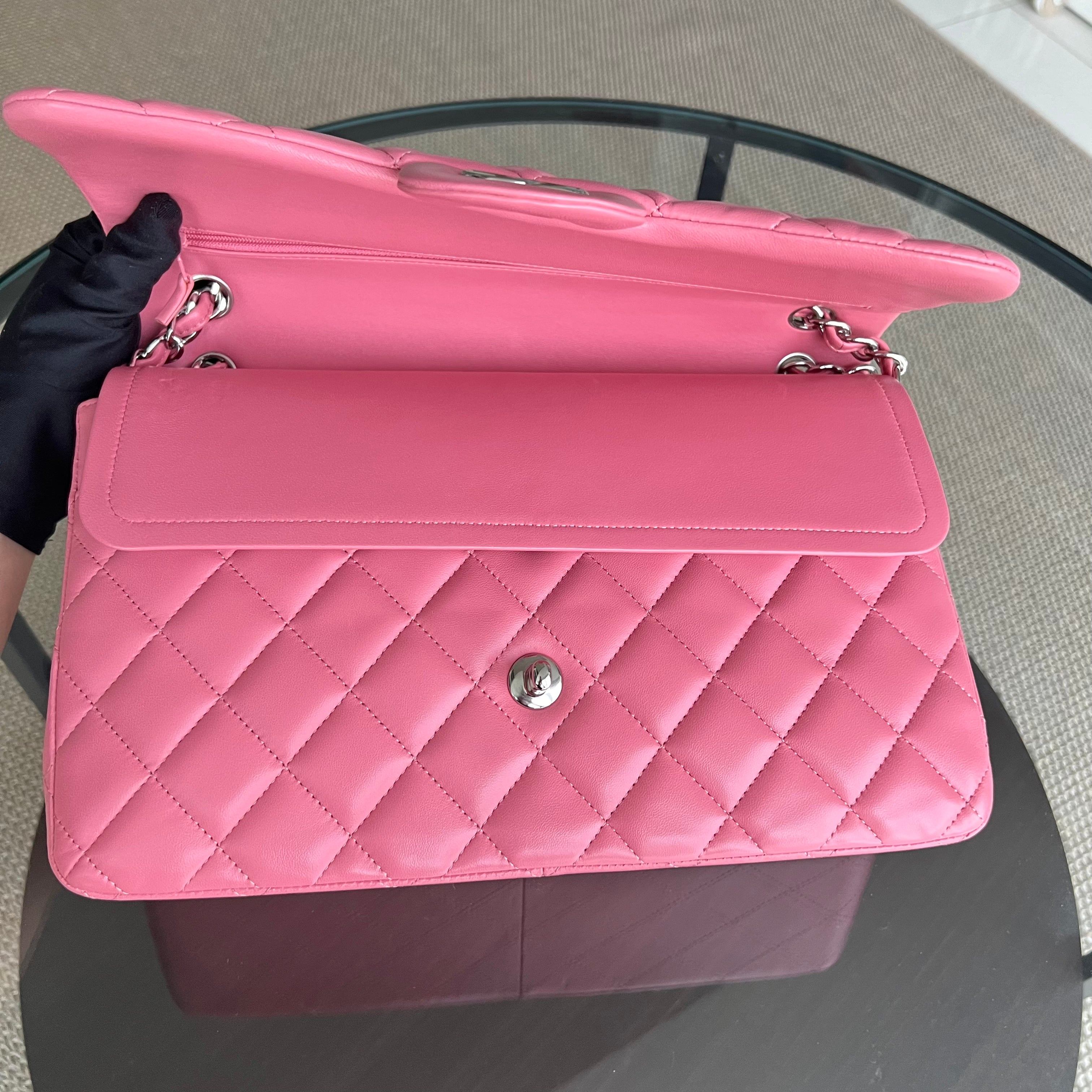 Chanel Jumbo Double Flap Classic Flap Quilted Lambskin Sakura Pink Silver Hardware Series 18 - Luxury Evermore