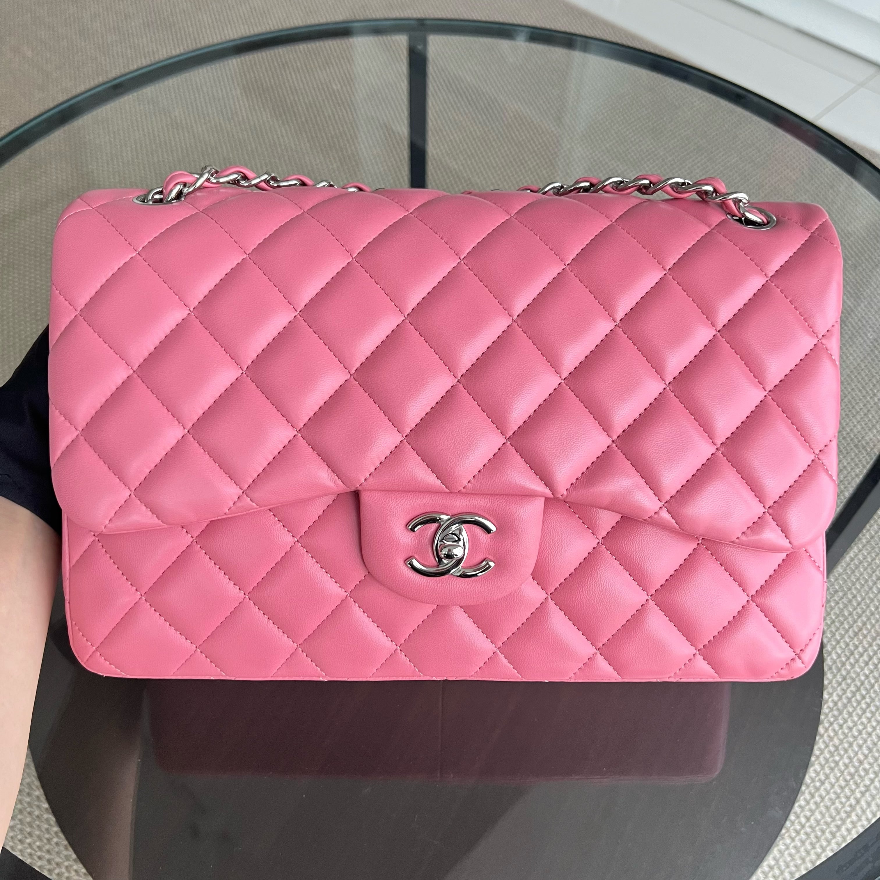 Chanel Jumbo Double Flap Classic Flap Quilted Lambskin Sakura Pink Silver Hardware Series 18 - Luxury Evermore