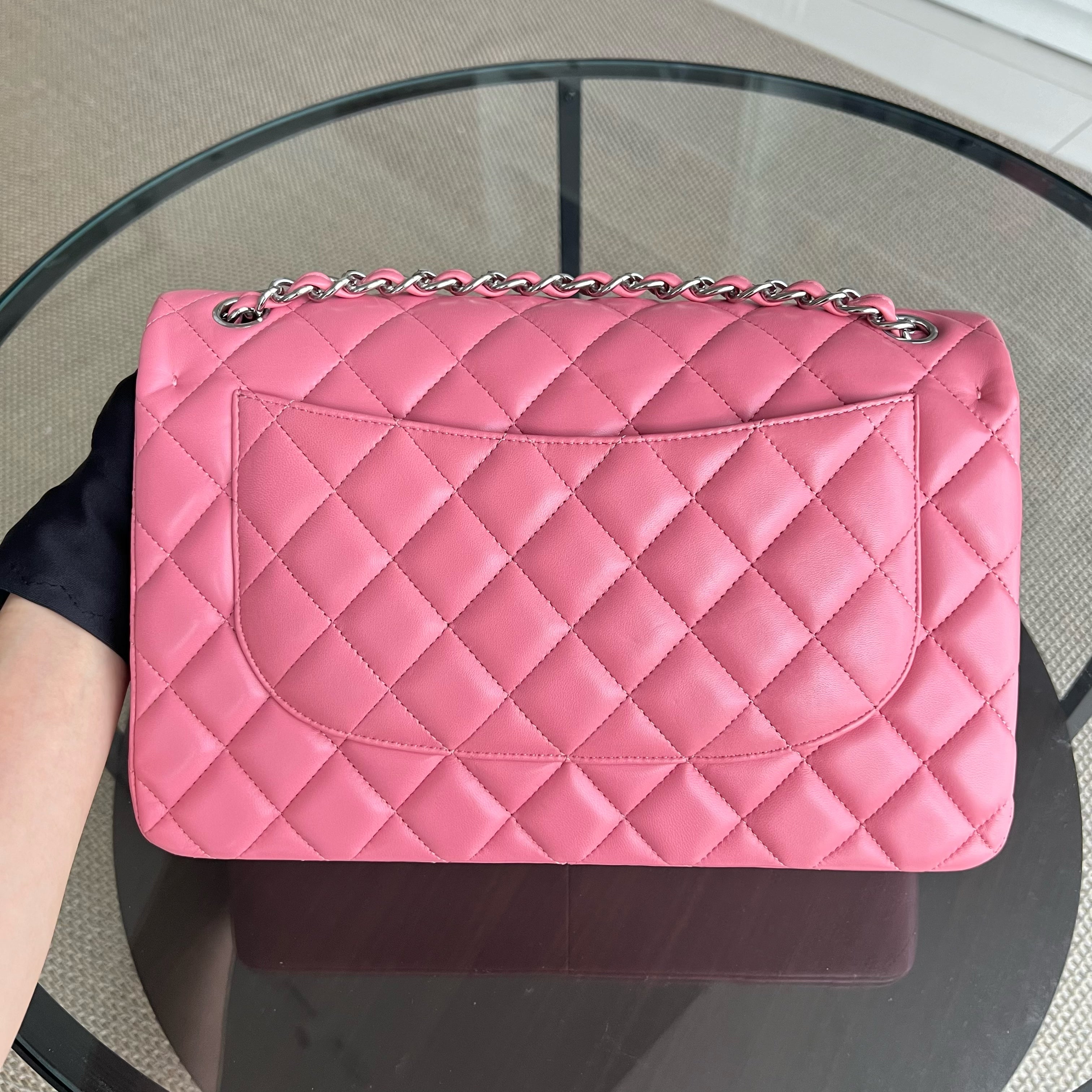 Chanel Jumbo Double Flap Classic Flap Quilted Lambskin Sakura Pink Silver Hardware Series 18 - Luxury Evermore