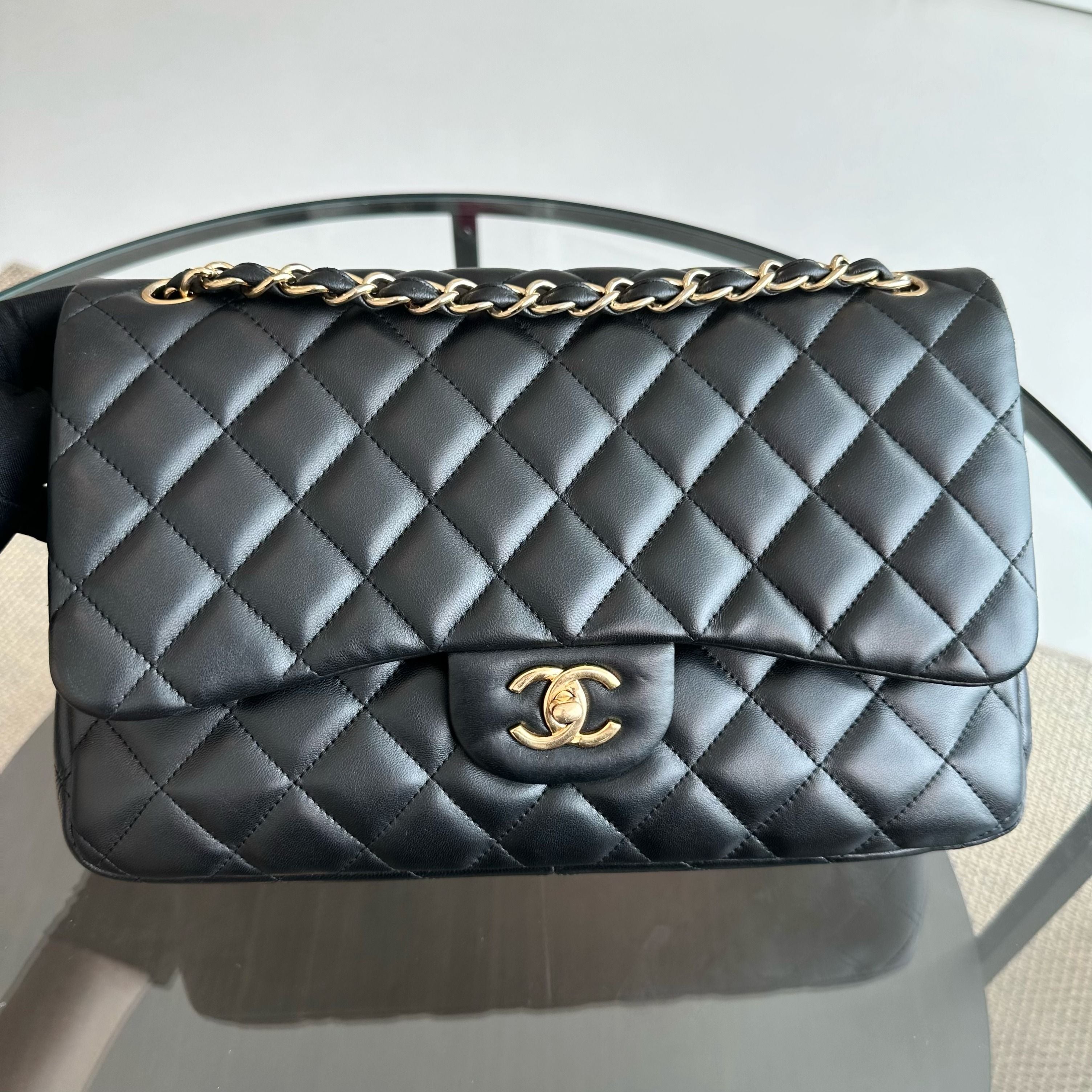 Chanel Jumbo Double Flap Lambskin Classic Flap Black GHW No 14 - Luxury Evermore