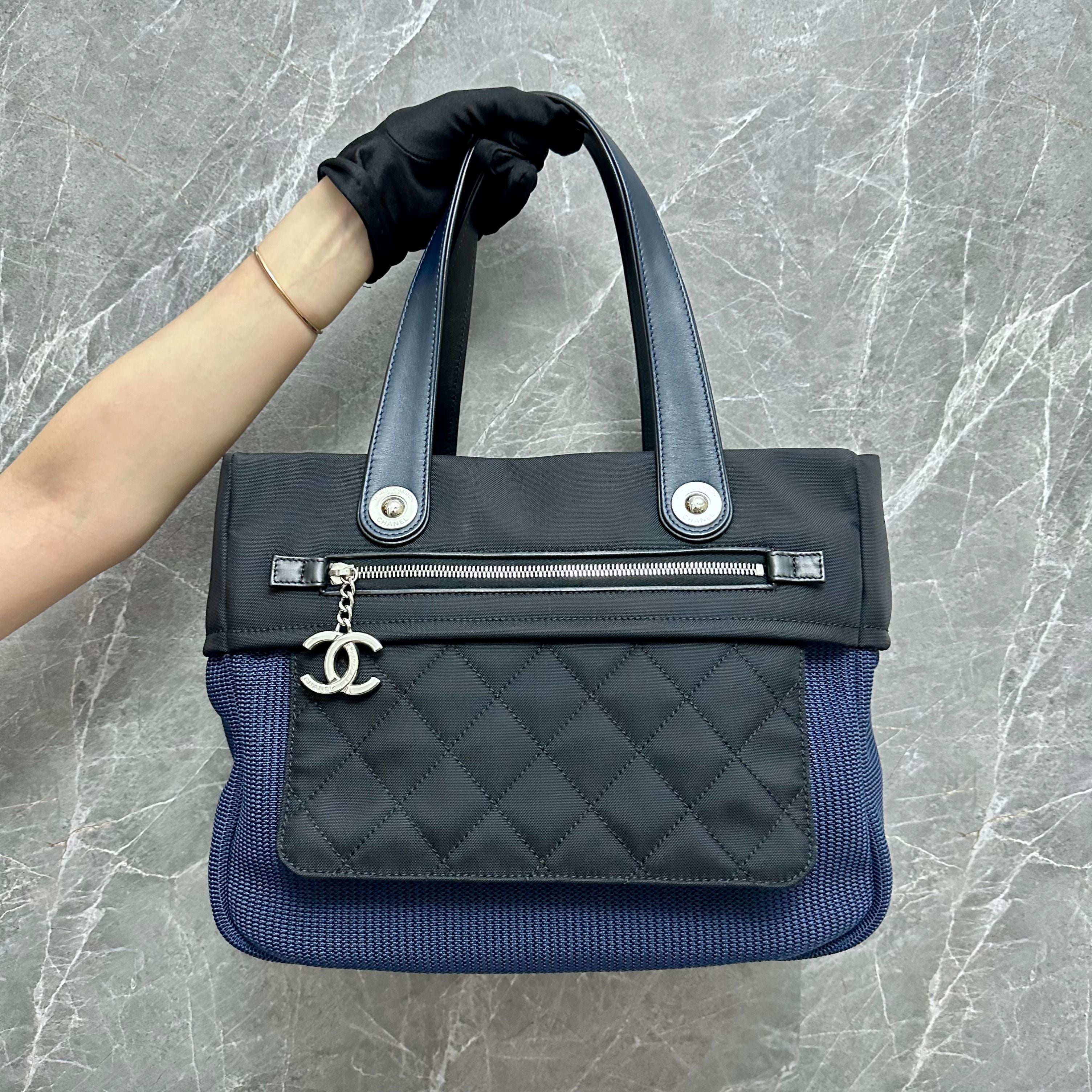 Chanel Large Tote Black Navy Blue SHW - Luxury Evermore