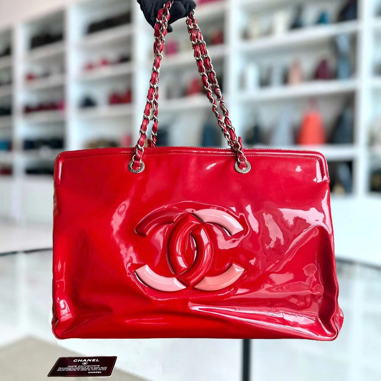 Chanel Lipstick Large Tote XL Patent Vinyl Leather Red No 13 - Luxury Evermore