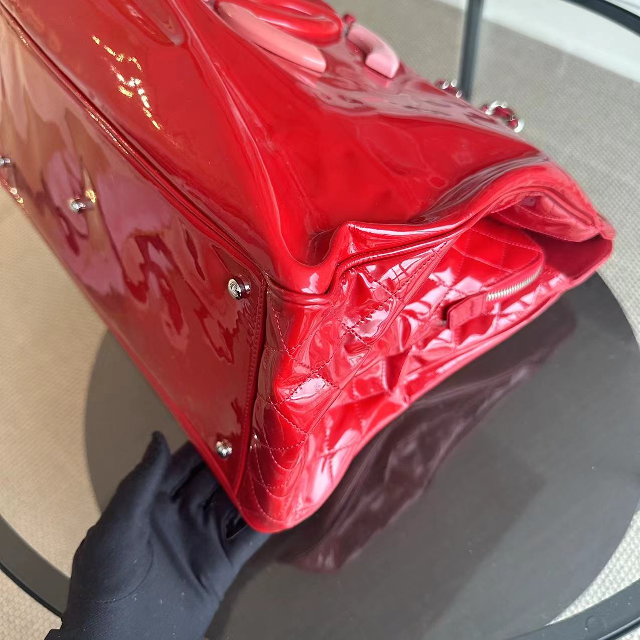 Chanel Lipstick Large Tote XL Patent Vinyl Leather Red No 13 - Luxury Evermore