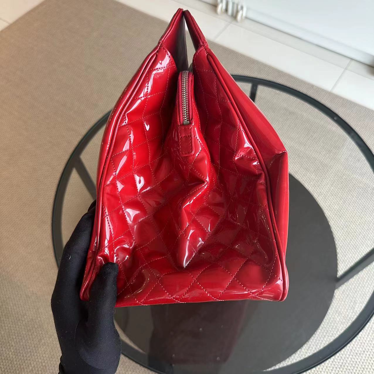 Chanel Lipstick Large Tote XL Patent Vinyl Leather Red No 13 - Luxury Evermore