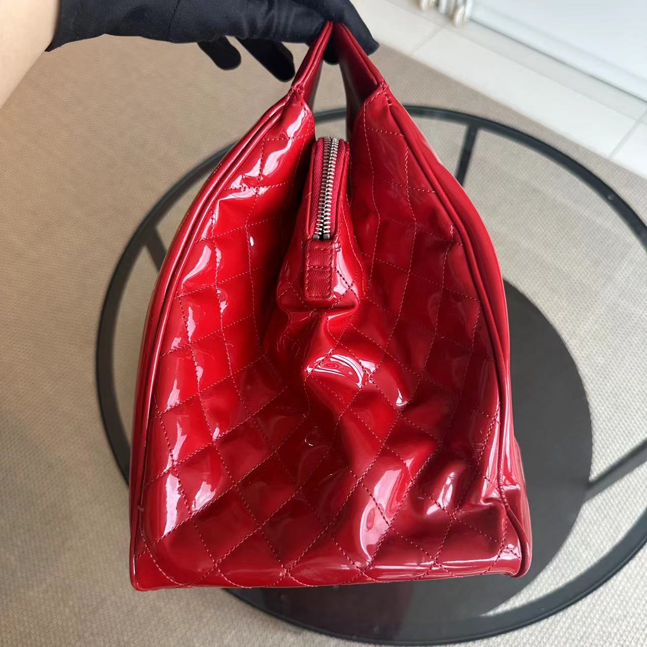 Chanel Lipstick Large Tote XL Patent Vinyl Leather Red No 13 - Luxury Evermore