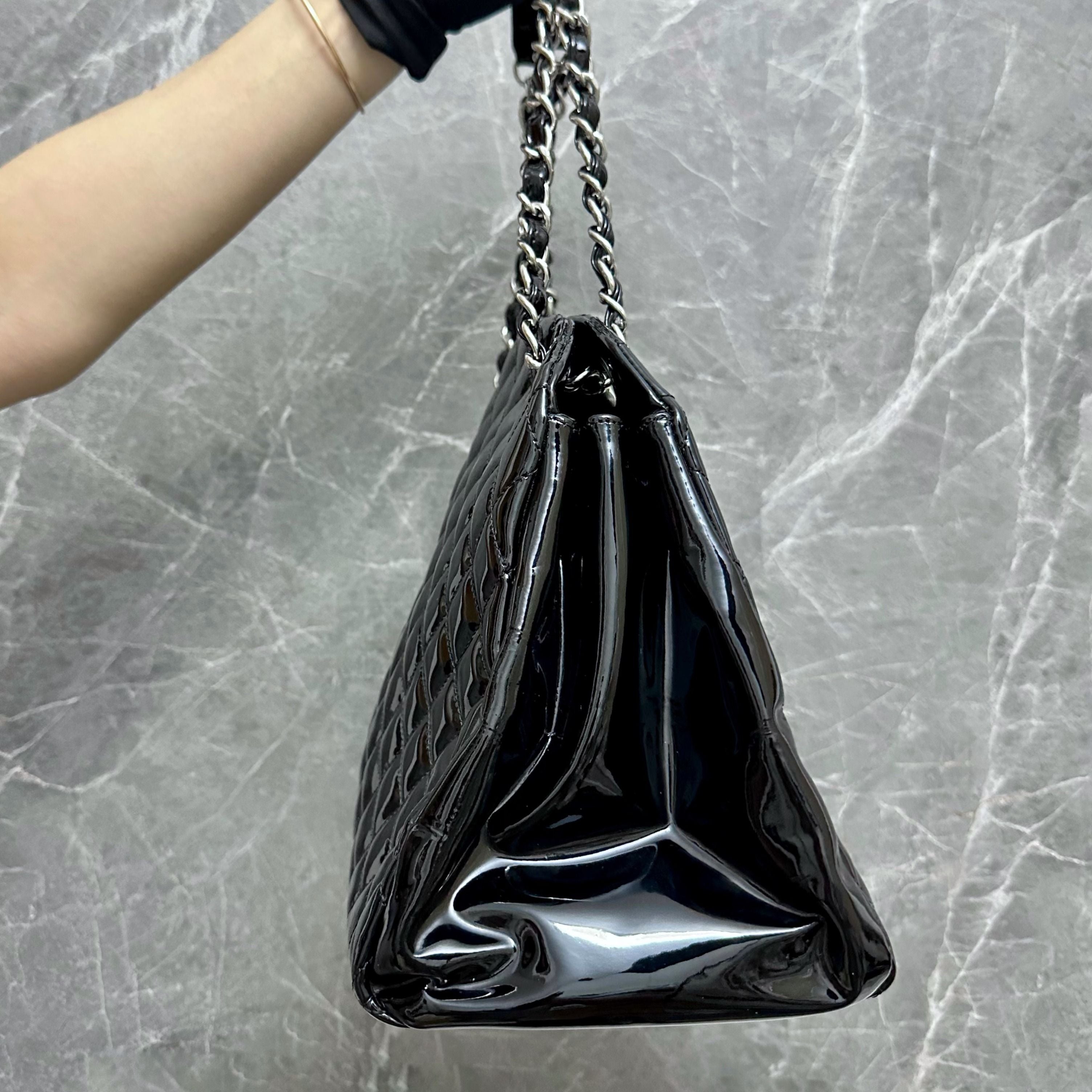 Chanel Mademoiselle Bowling Bag Black Patent Leather - Luxury Evermore