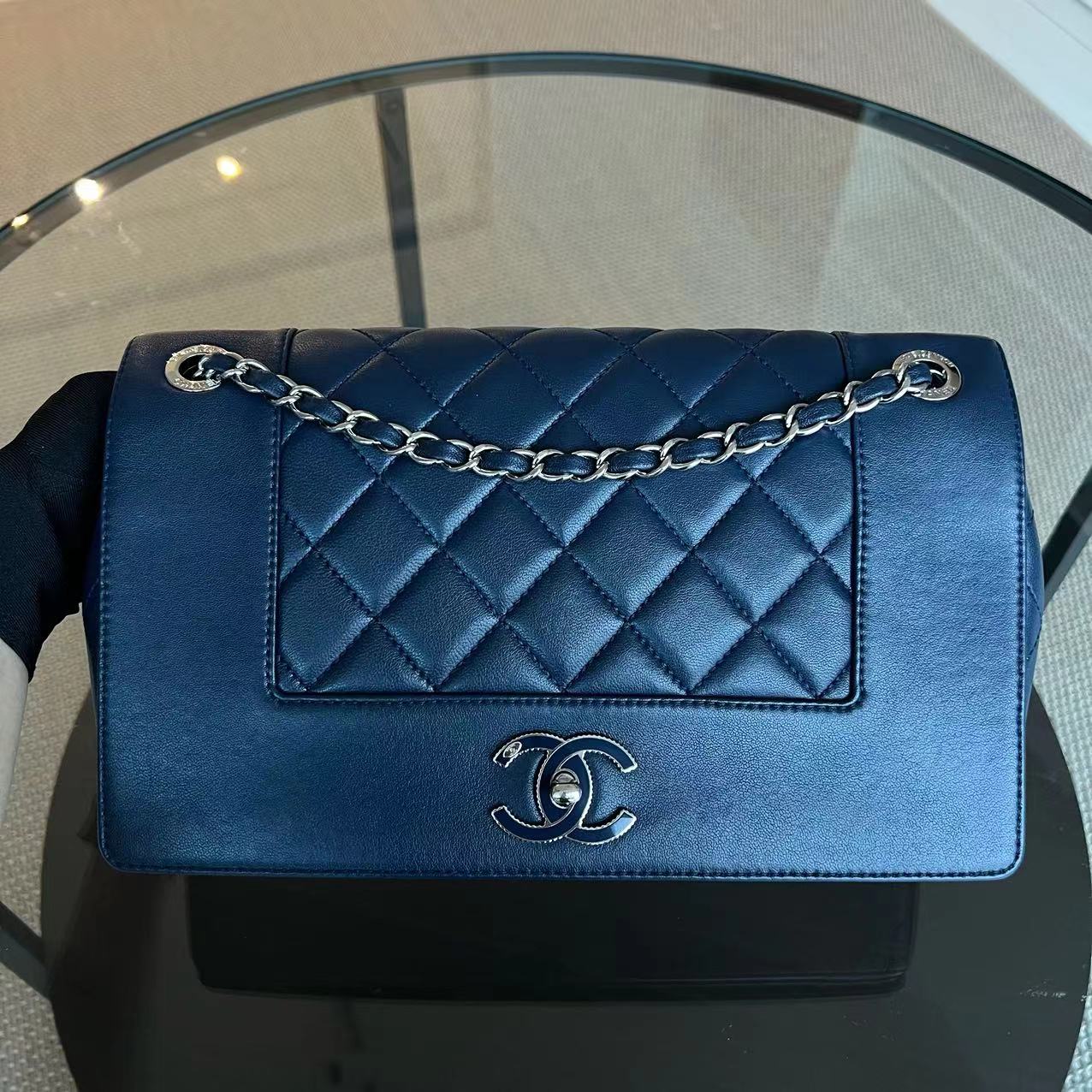 Chanel Mademoiselle Medium Seasonal Double Flap Calfskin Quilted Dark Navy Blue Series 23 - Luxury Evermore