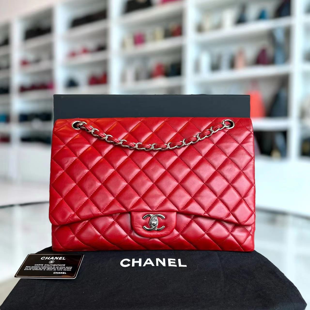 Chanel Maxi Classic Flap Quilted Lambskin Red Silver Hardware Series 13 - Luxury Evermore