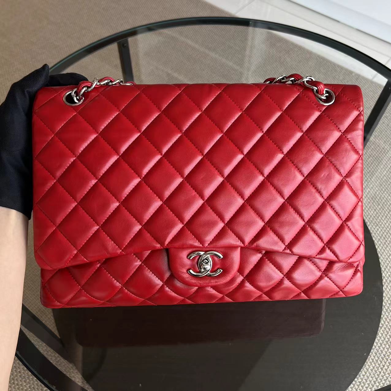 Chanel Maxi Classic Flap Quilted Lambskin Red Silver Hardware Series 13 - Luxury Evermore