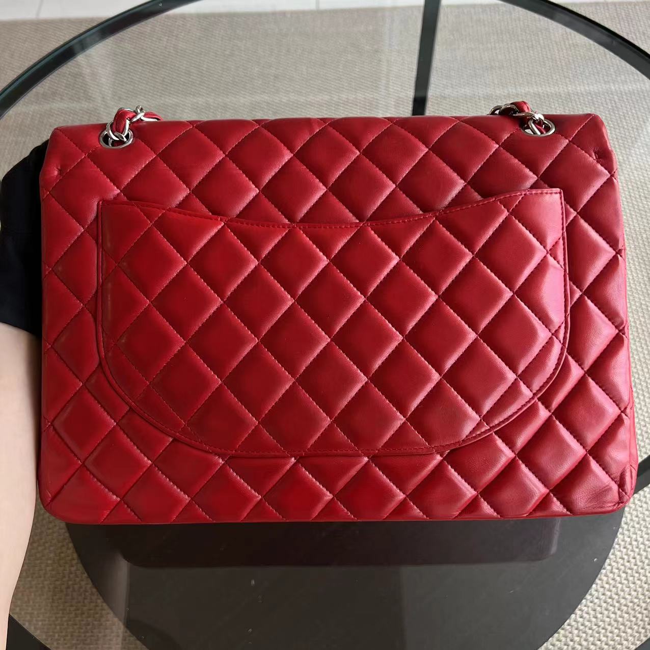 Chanel Maxi Classic Flap Quilted Lambskin Red Silver Hardware Series 13 - Luxury Evermore