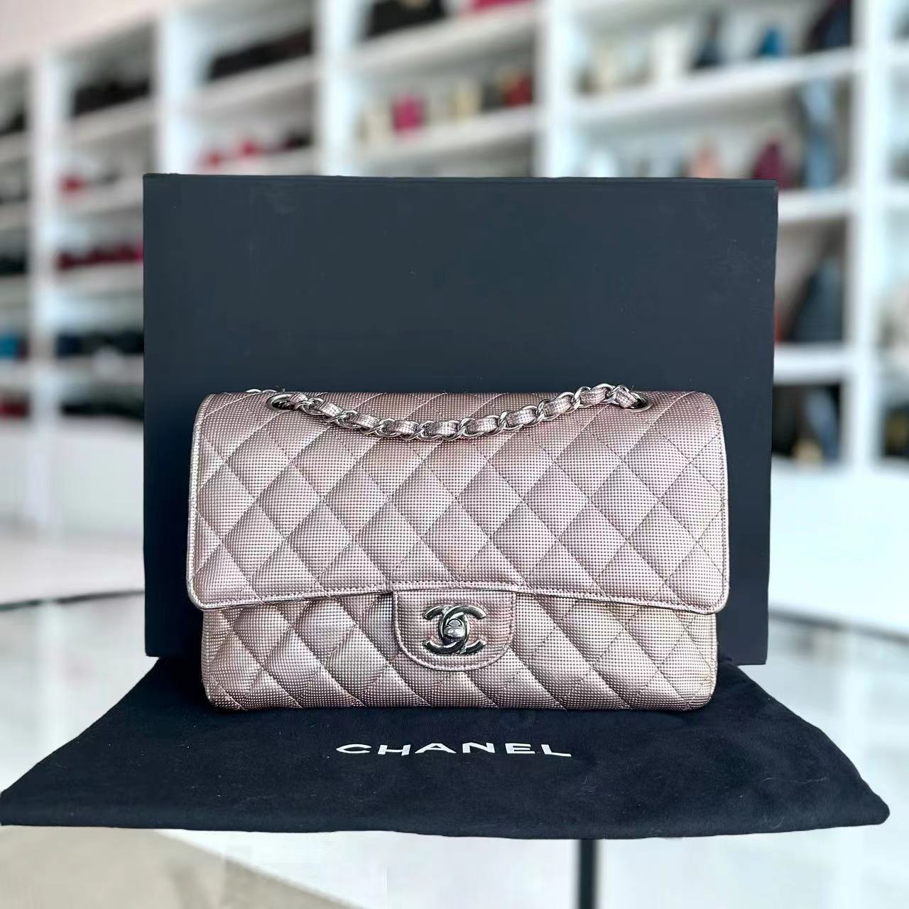 Chanel Medium Calfskin Classic Flap Double Flap Metallic Pixelated Pixel Limited Edition Pink Silver Hardware No 21 - Luxury Evermore