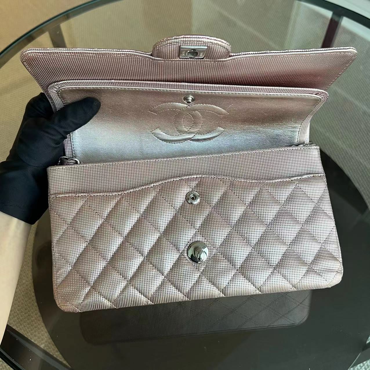 Chanel Medium Calfskin Classic Flap Double Flap Metallic Pixelated Pixel Limited Edition Pink Silver Hardware No 21 - Luxury Evermore