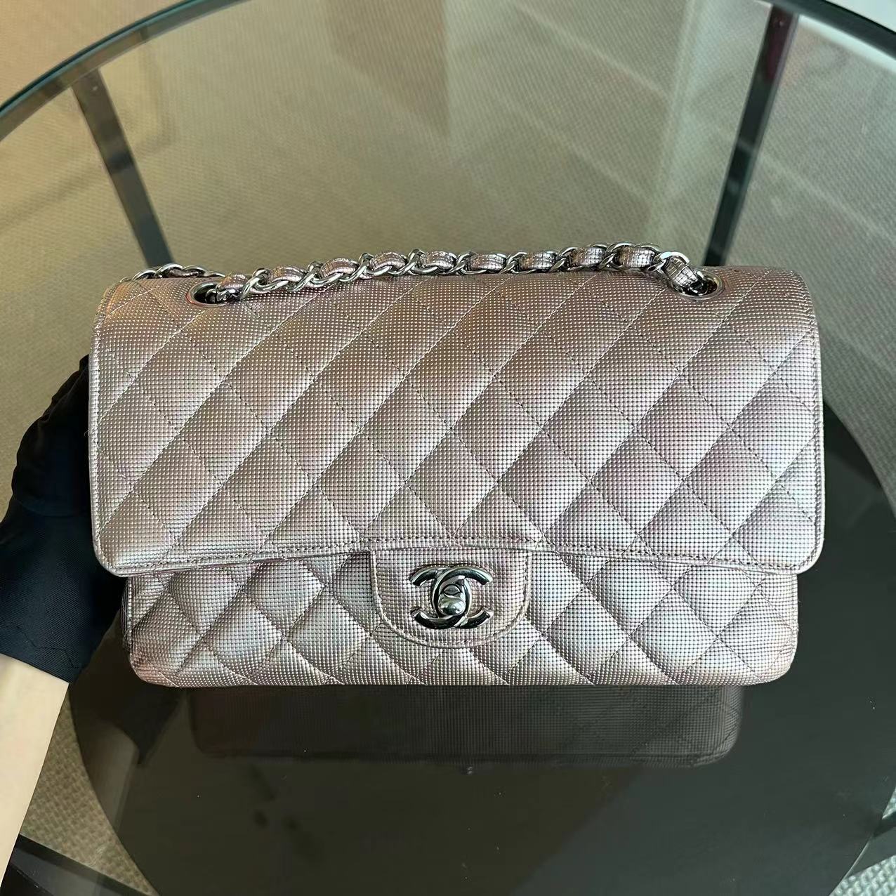 Chanel Medium Calfskin Classic Flap Double Flap Metallic Pixelated Pixel Limited Edition Pink Silver Hardware No 21 - Luxury Evermore