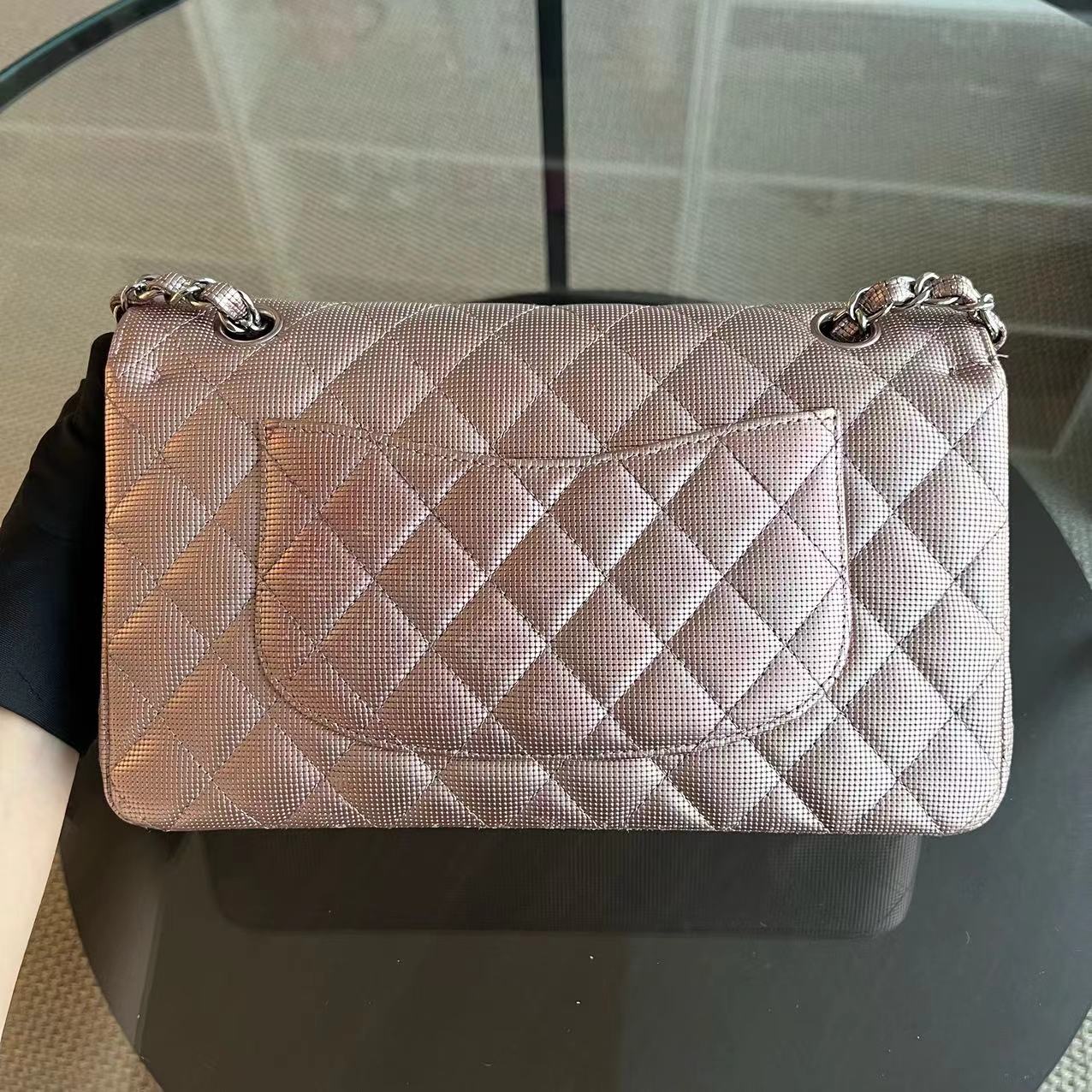 Chanel Medium Calfskin Classic Flap Double Flap Metallic Pixelated Pixel Limited Edition Pink Silver Hardware No 21 - Luxury Evermore