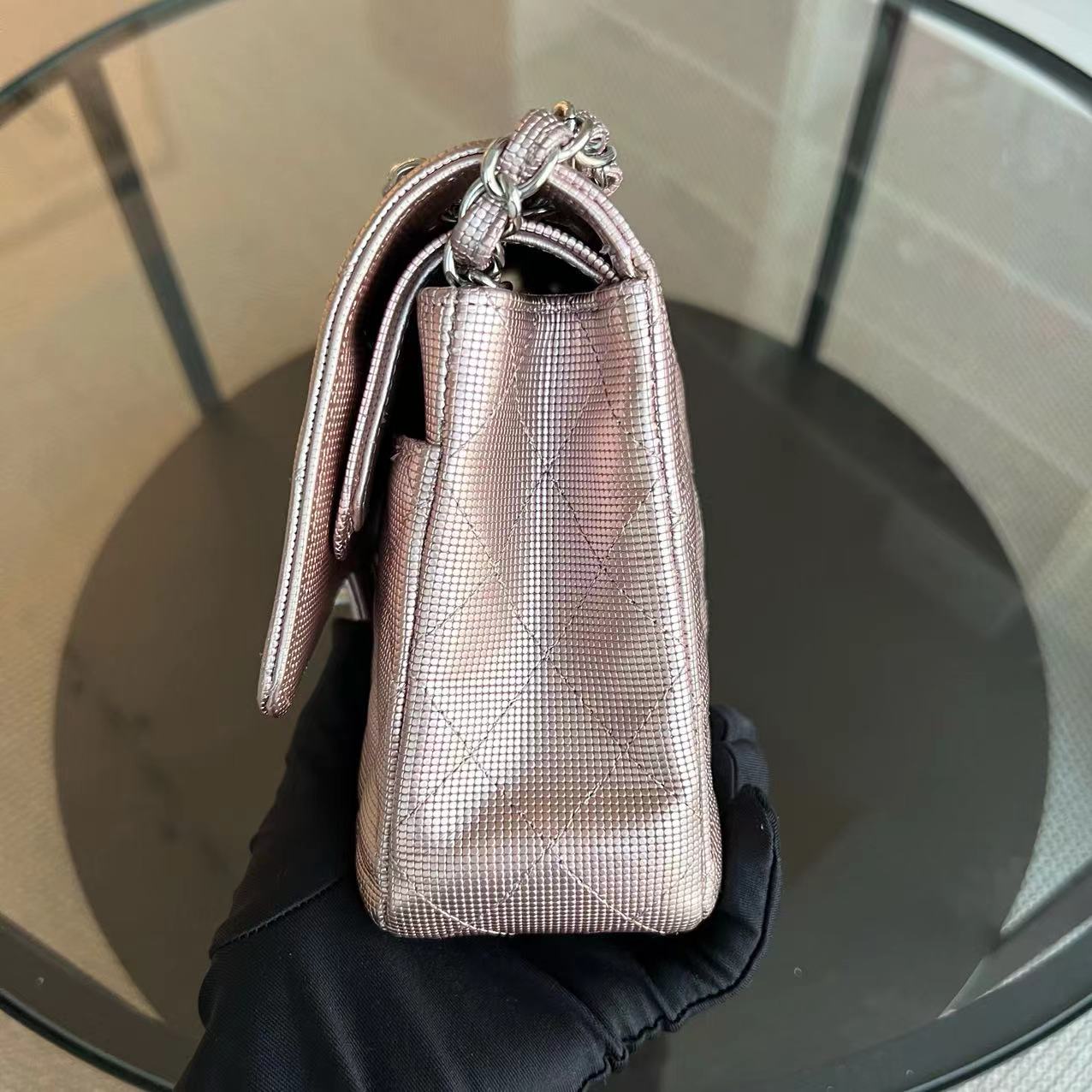 Chanel Medium Calfskin Classic Flap Double Flap Metallic Pixelated Pixel Limited Edition Pink Silver Hardware No 21 - Luxury Evermore