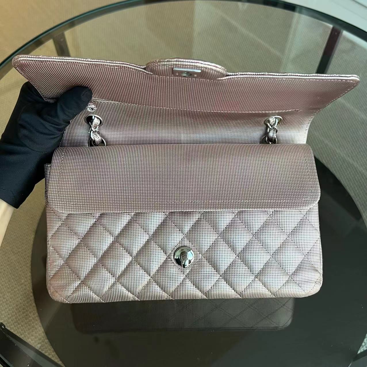 Chanel Medium Calfskin Classic Flap Double Flap Metallic Pixelated Pixel Limited Edition Pink Silver Hardware No 21 - Luxury Evermore