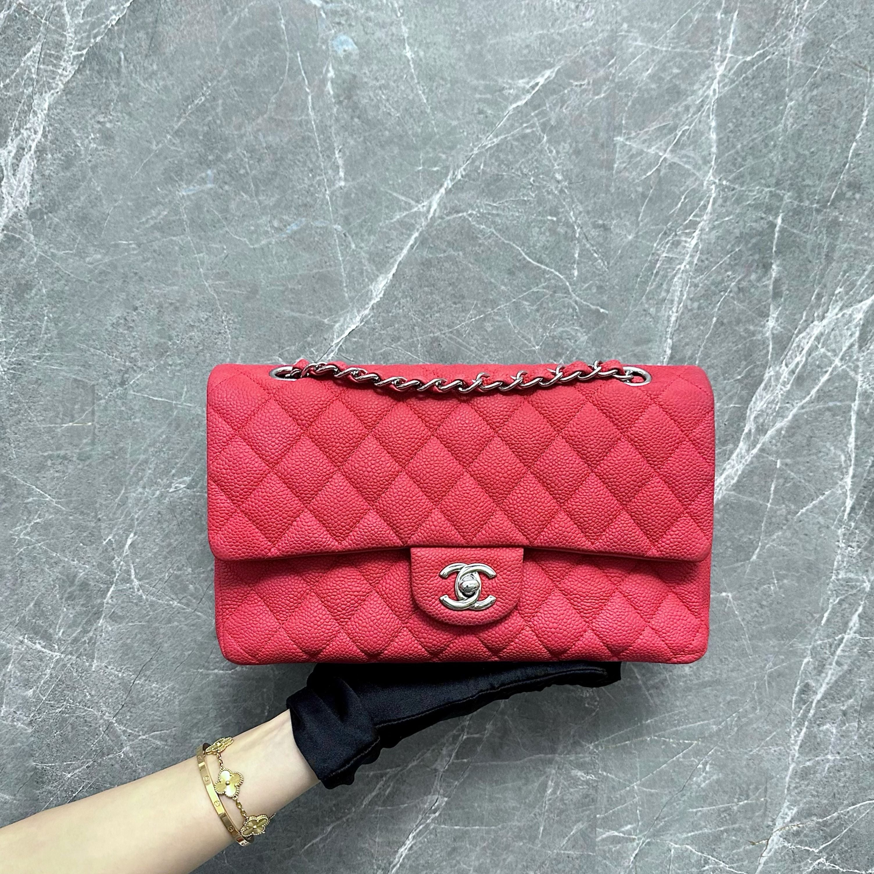 Chanel Medium Caviar Classic Flap Iridescent Caviar Salmon Red SHW NO.18 - Luxury Evermore