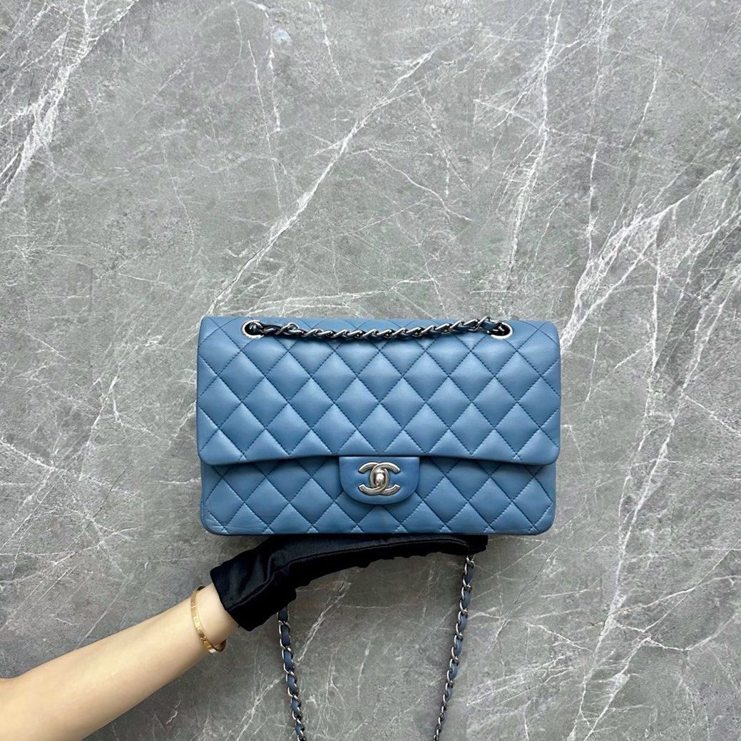 Chanel Medium Classic Double Flap Lambskin Haze Blue SHW No 17 - Luxury Evermore