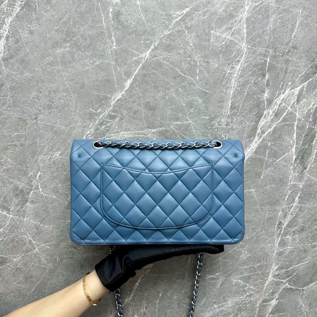 Chanel Medium Classic Double Flap Lambskin Haze Blue SHW No 17 - Luxury Evermore