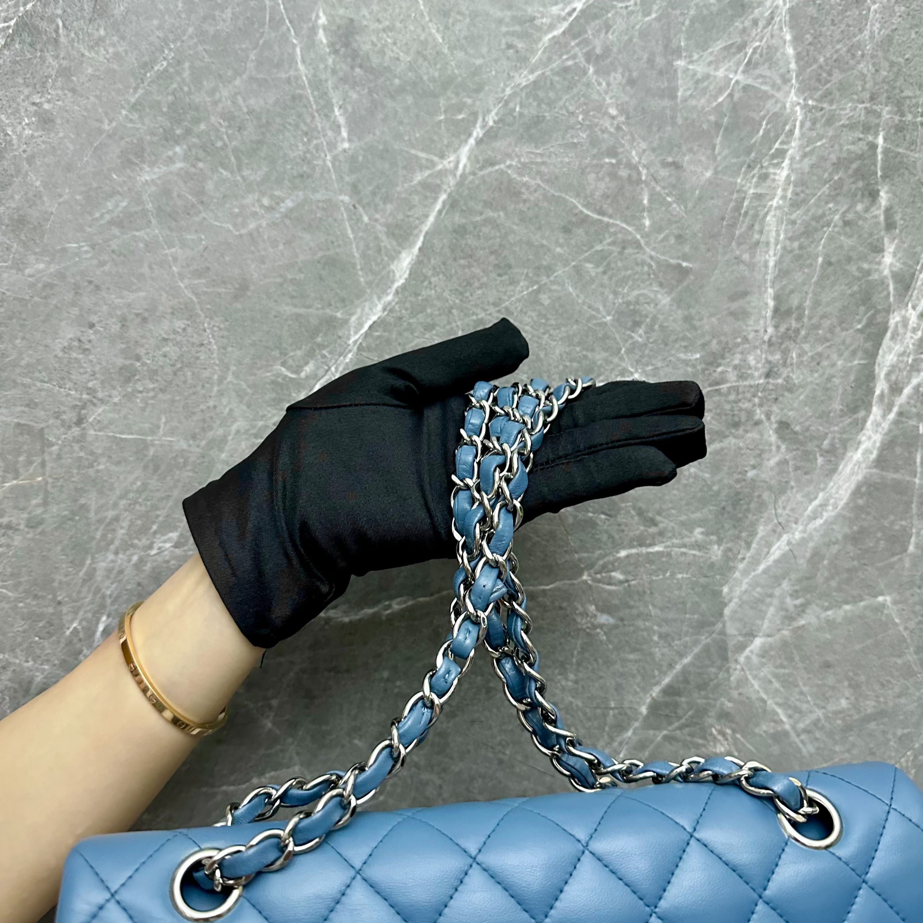 Chanel Medium Classic Double Flap Lambskin Haze Blue SHW No 17 - Luxury Evermore