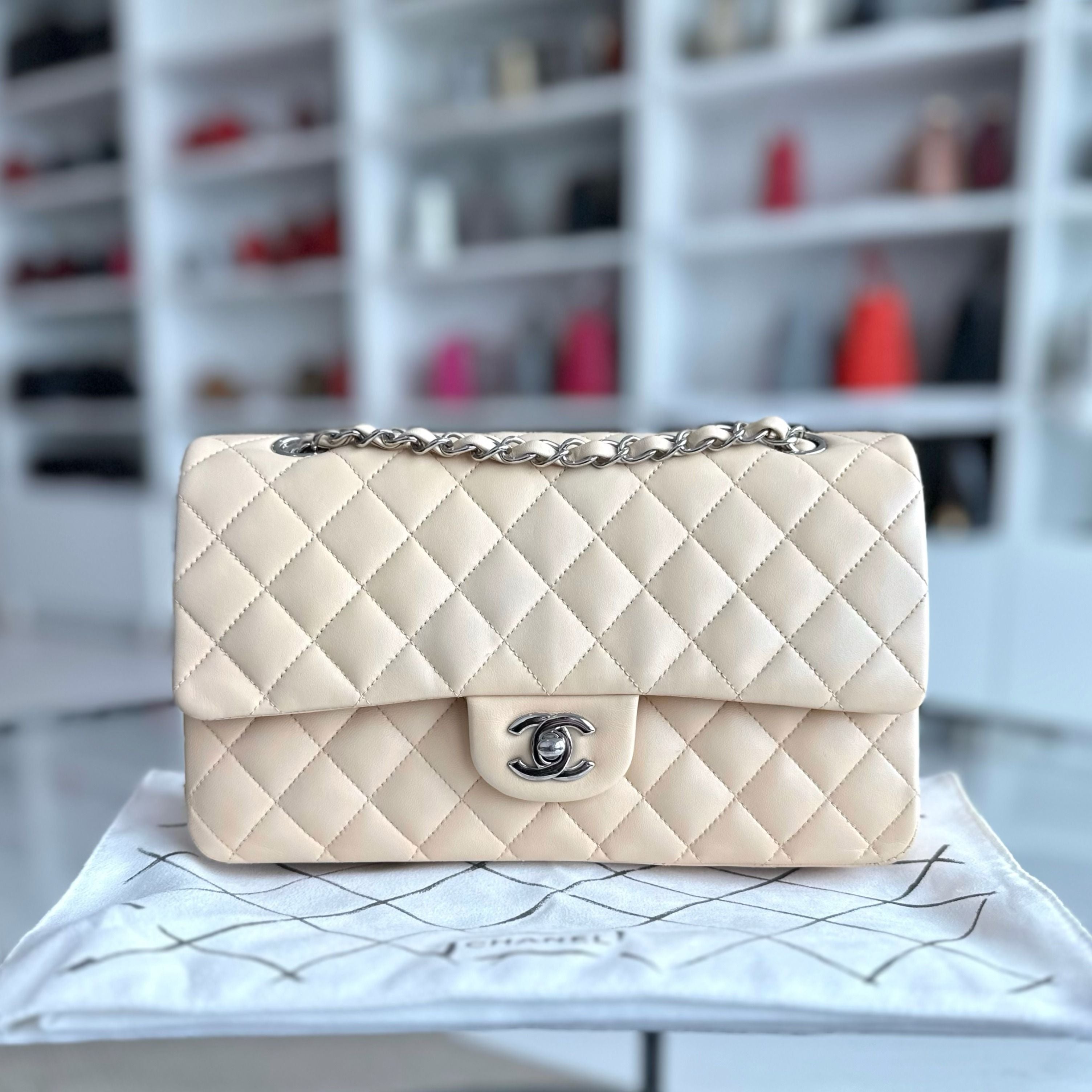 Chanel Medium Classic Flap 25CM Quilted Lambskin Beige SHW No 14 - Luxury Evermore