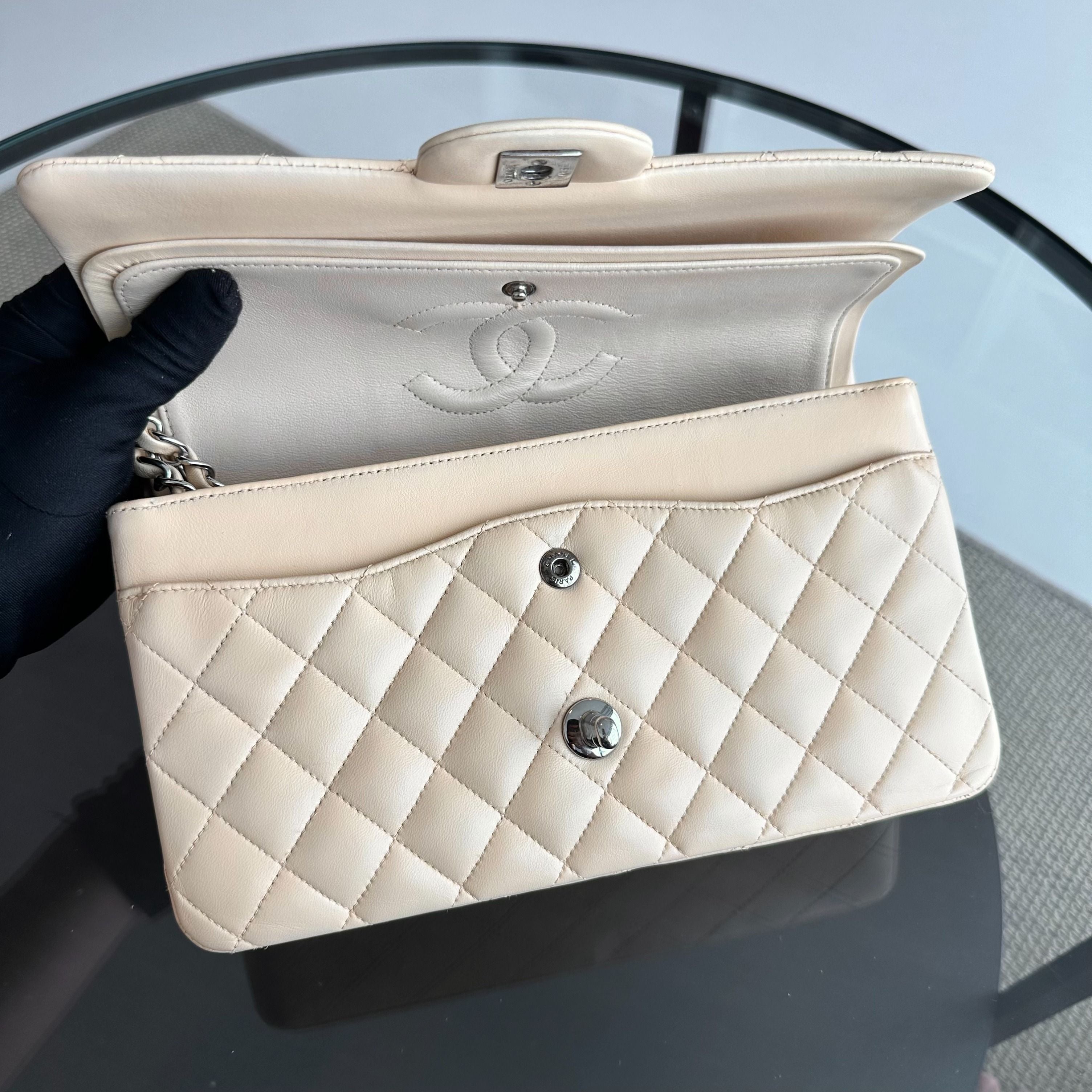 Chanel Medium Classic Flap 25CM Quilted Lambskin Beige SHW No 14 - Luxury Evermore