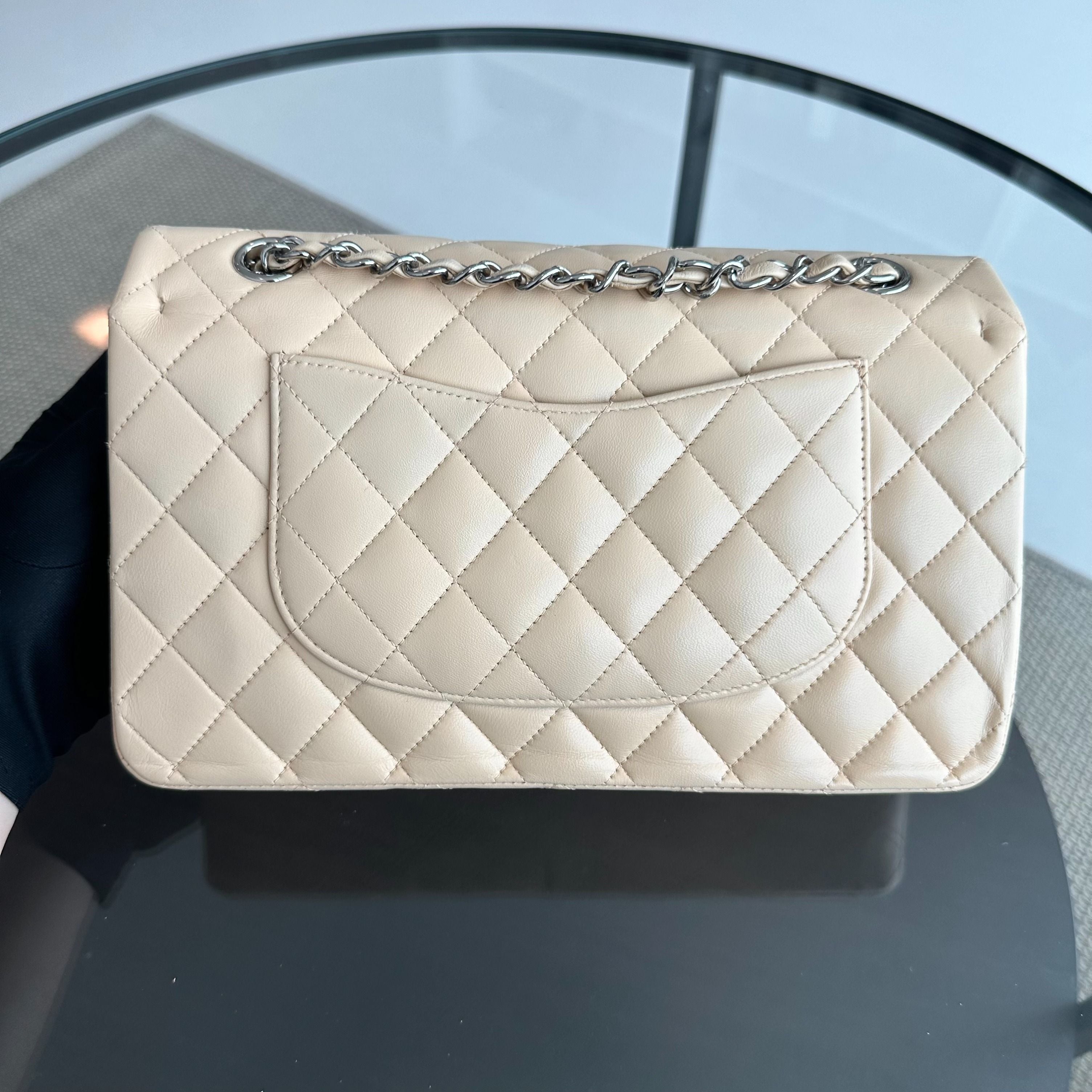 Chanel Medium Classic Flap 25CM Quilted Lambskin Beige SHW No 14 - Luxury Evermore