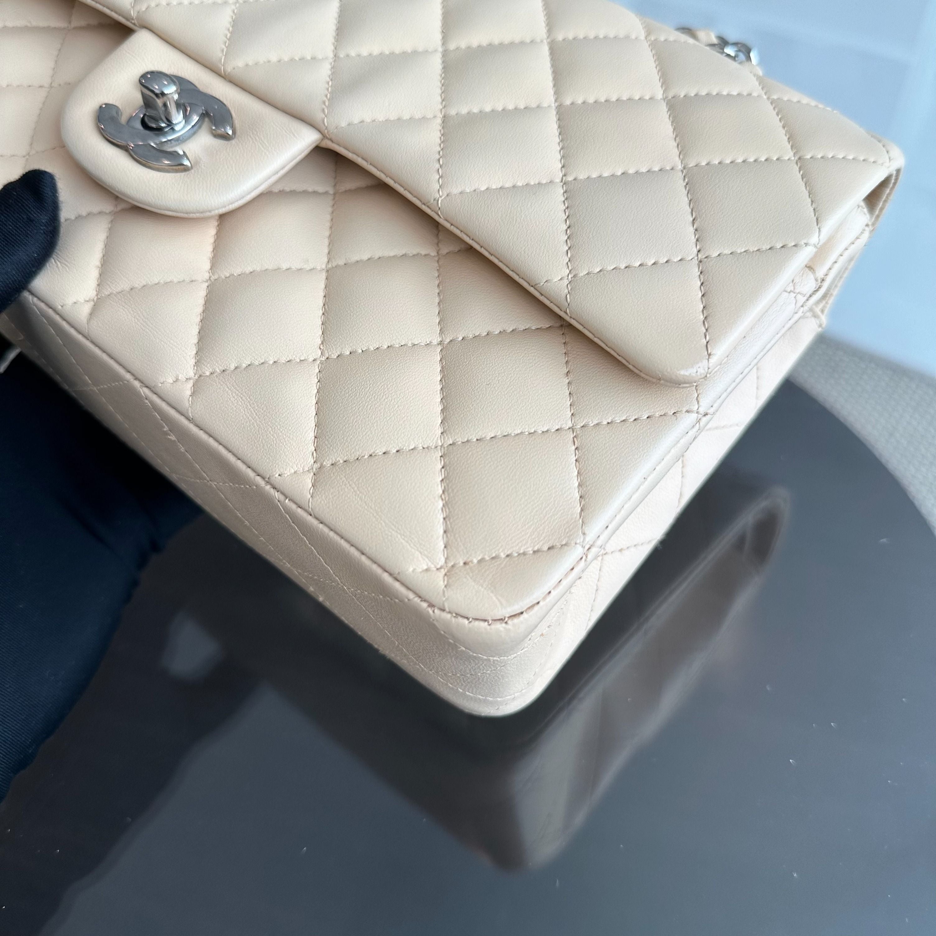 Chanel Medium Classic Flap 25CM Quilted Lambskin Beige SHW No 14 - Luxury Evermore