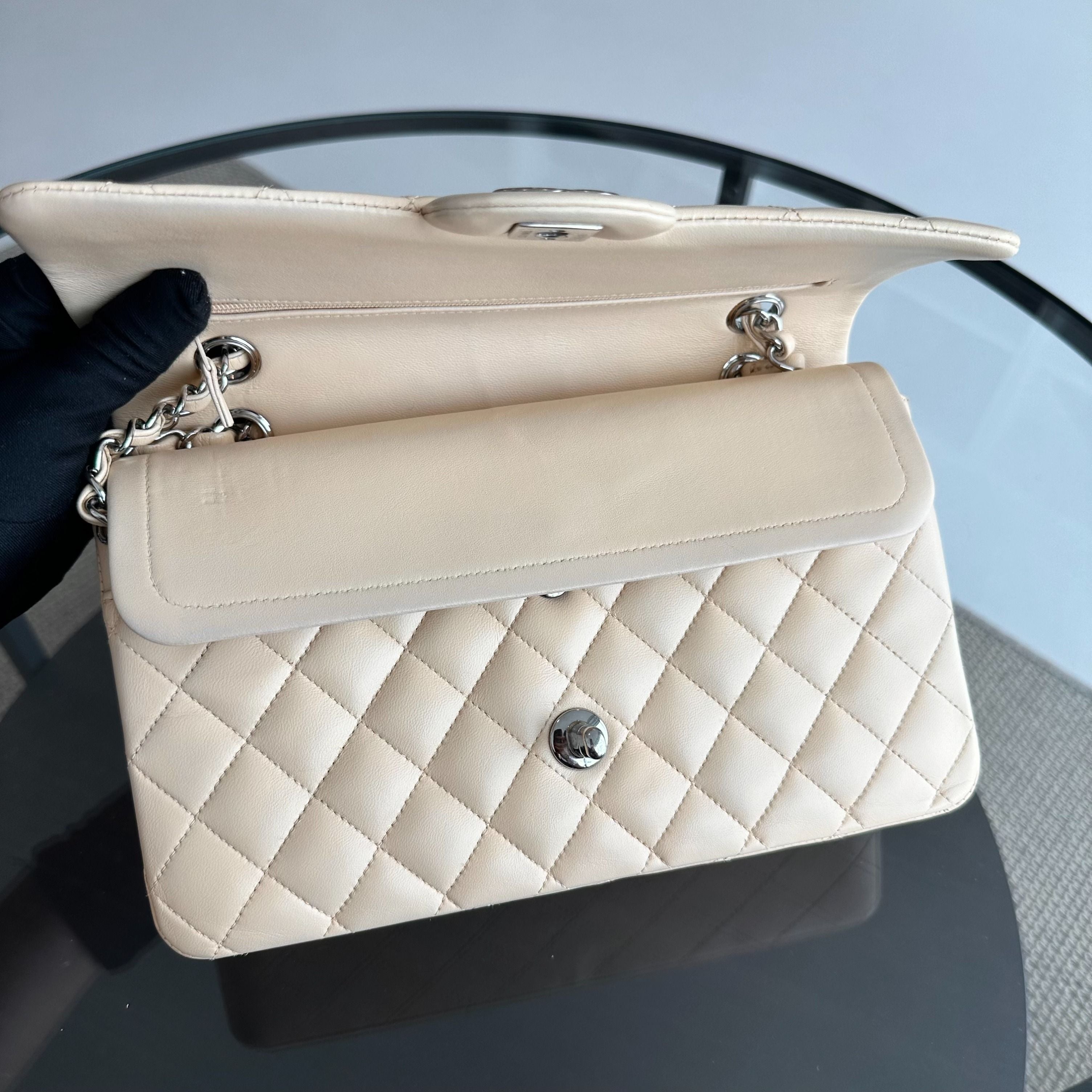 Chanel Medium Classic Flap 25CM Quilted Lambskin Beige SHW No 14 - Luxury Evermore