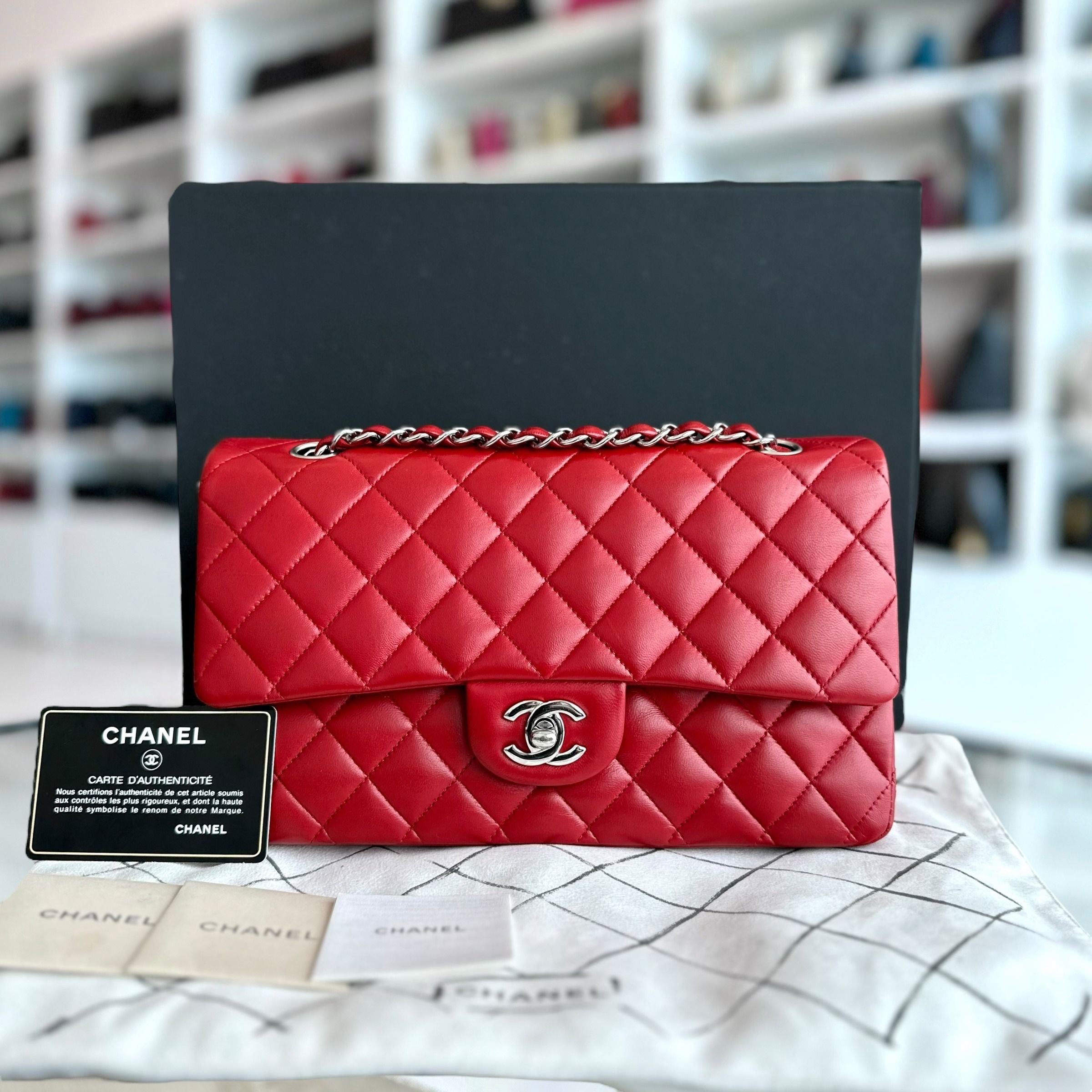 Chanel Medium Classic Flap 25CM Quilted Lambskin Red SHW No 13 - Luxury Evermore