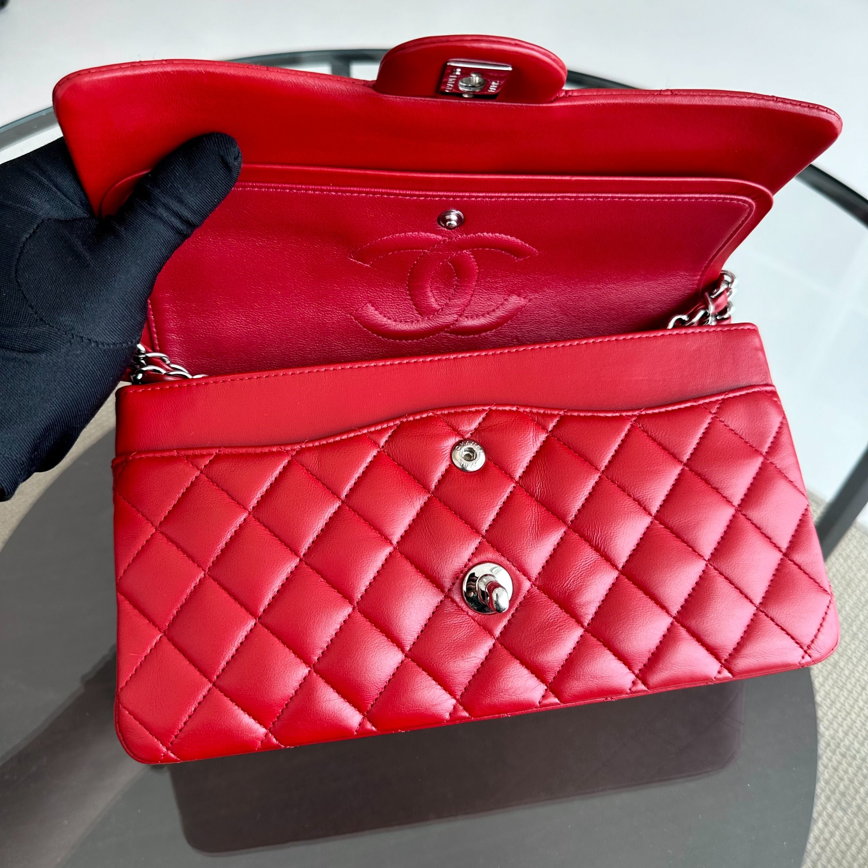 Chanel Medium Classic Flap 25CM Quilted Lambskin Red SHW No 13 - Luxury Evermore