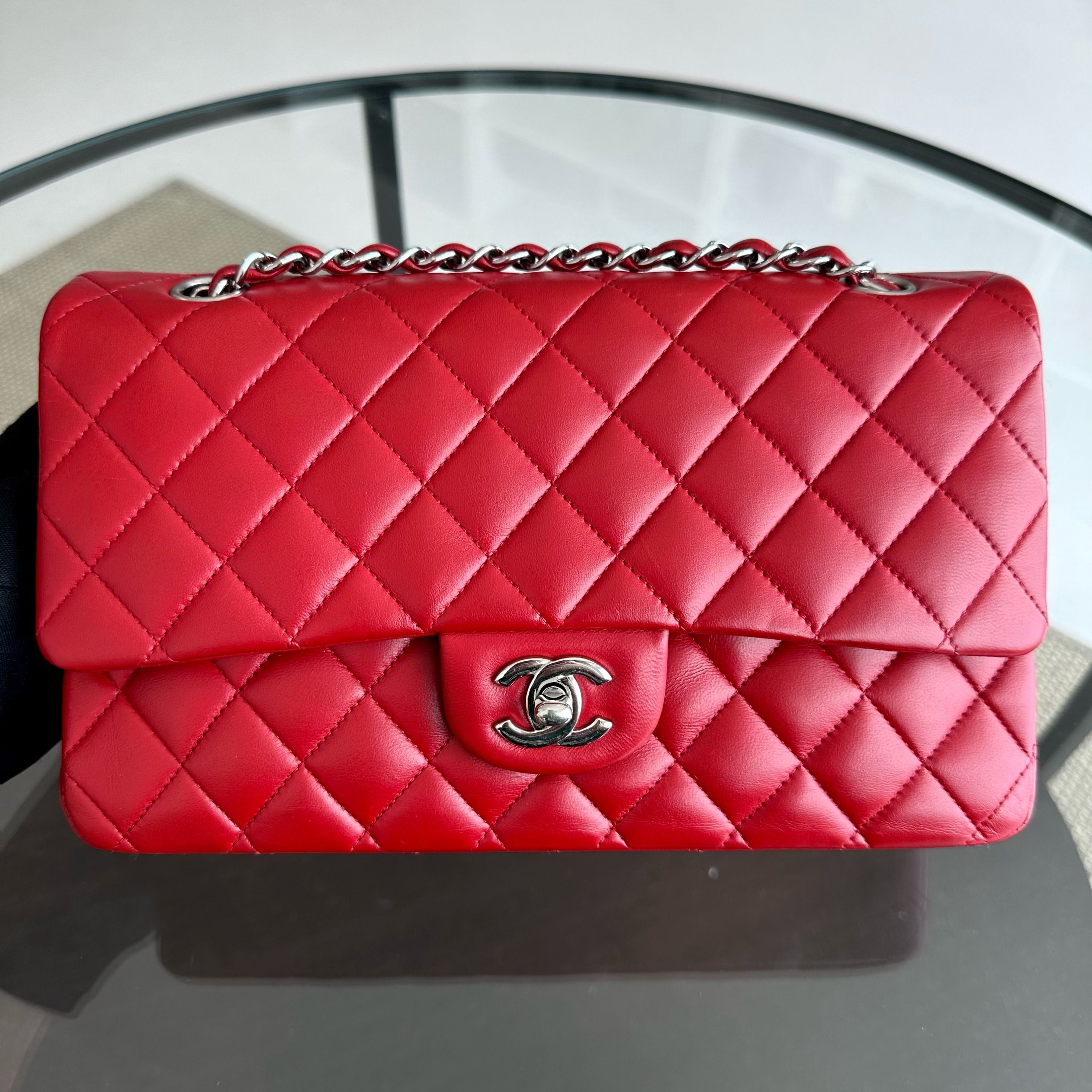 Chanel Medium Classic Flap 25CM Quilted Lambskin Red SHW No 13 - Luxury Evermore