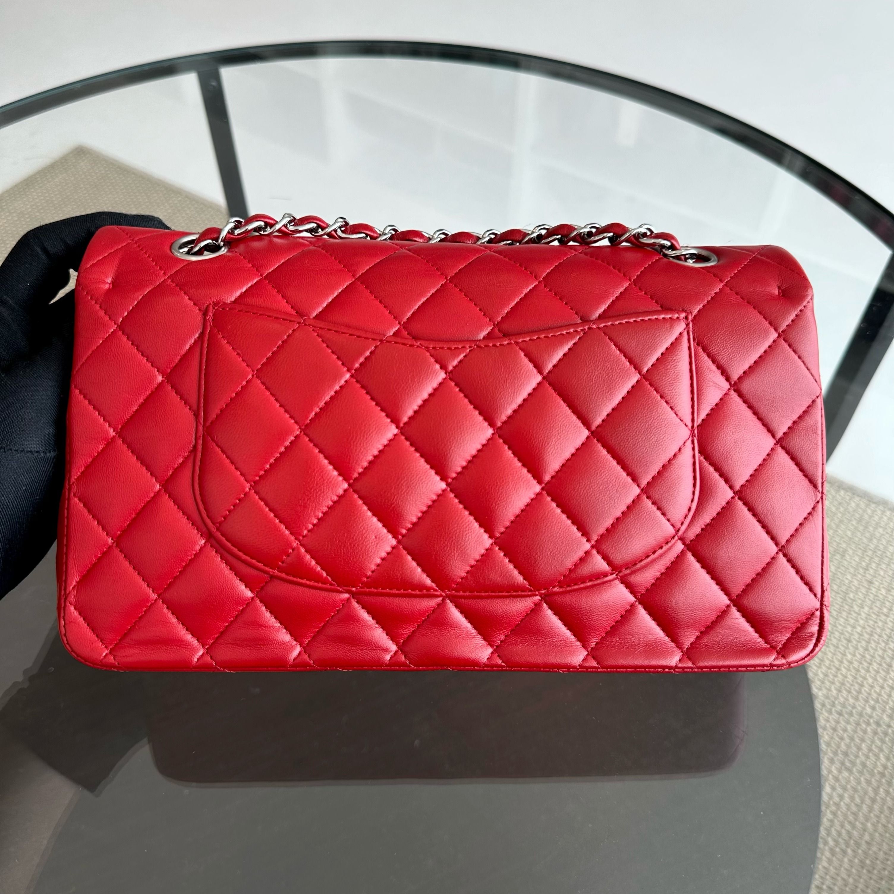 Chanel Medium Classic Flap 25CM Quilted Lambskin Red SHW No 13 - Luxury Evermore