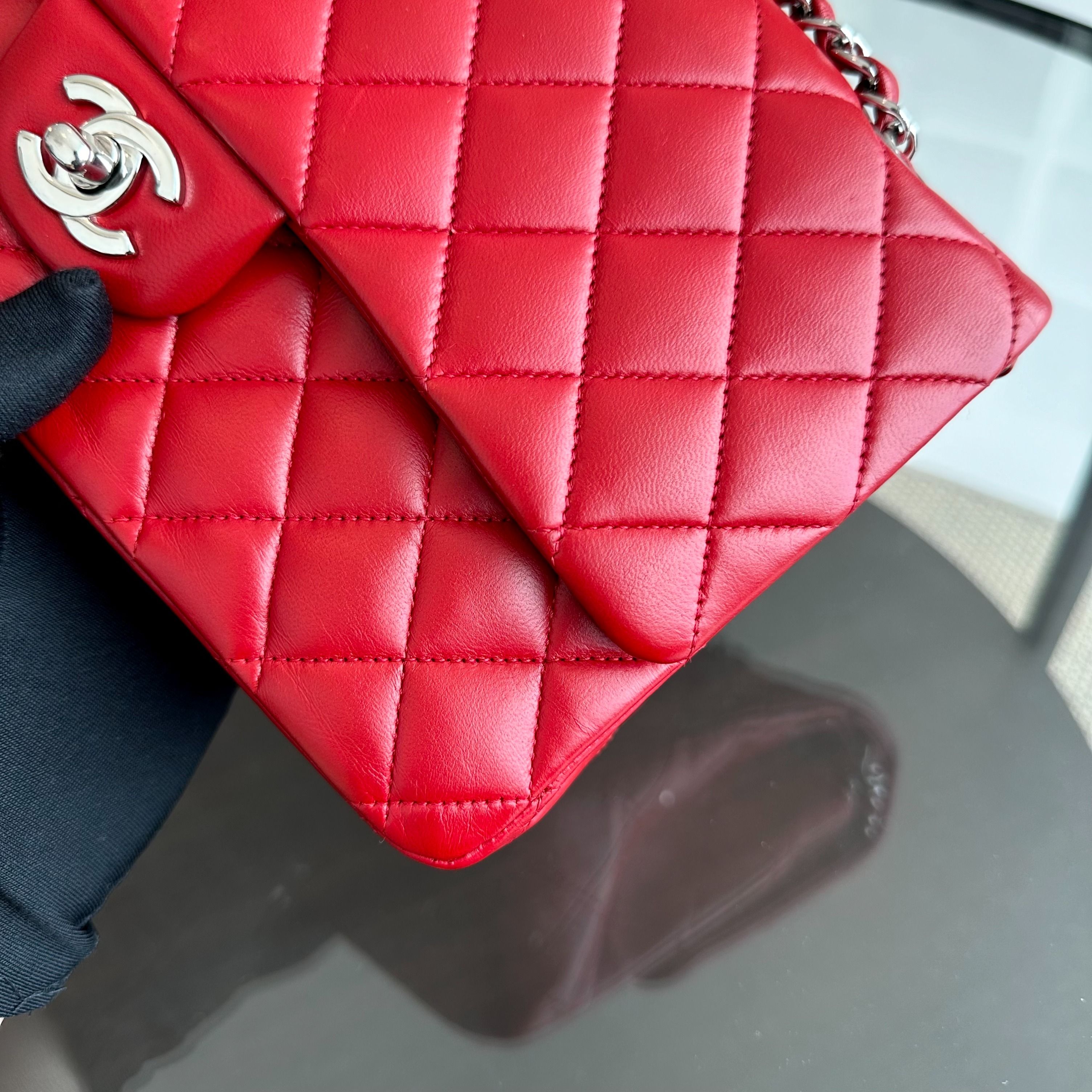 Chanel Medium Classic Flap 25CM Quilted Lambskin Red SHW No 13 - Luxury Evermore