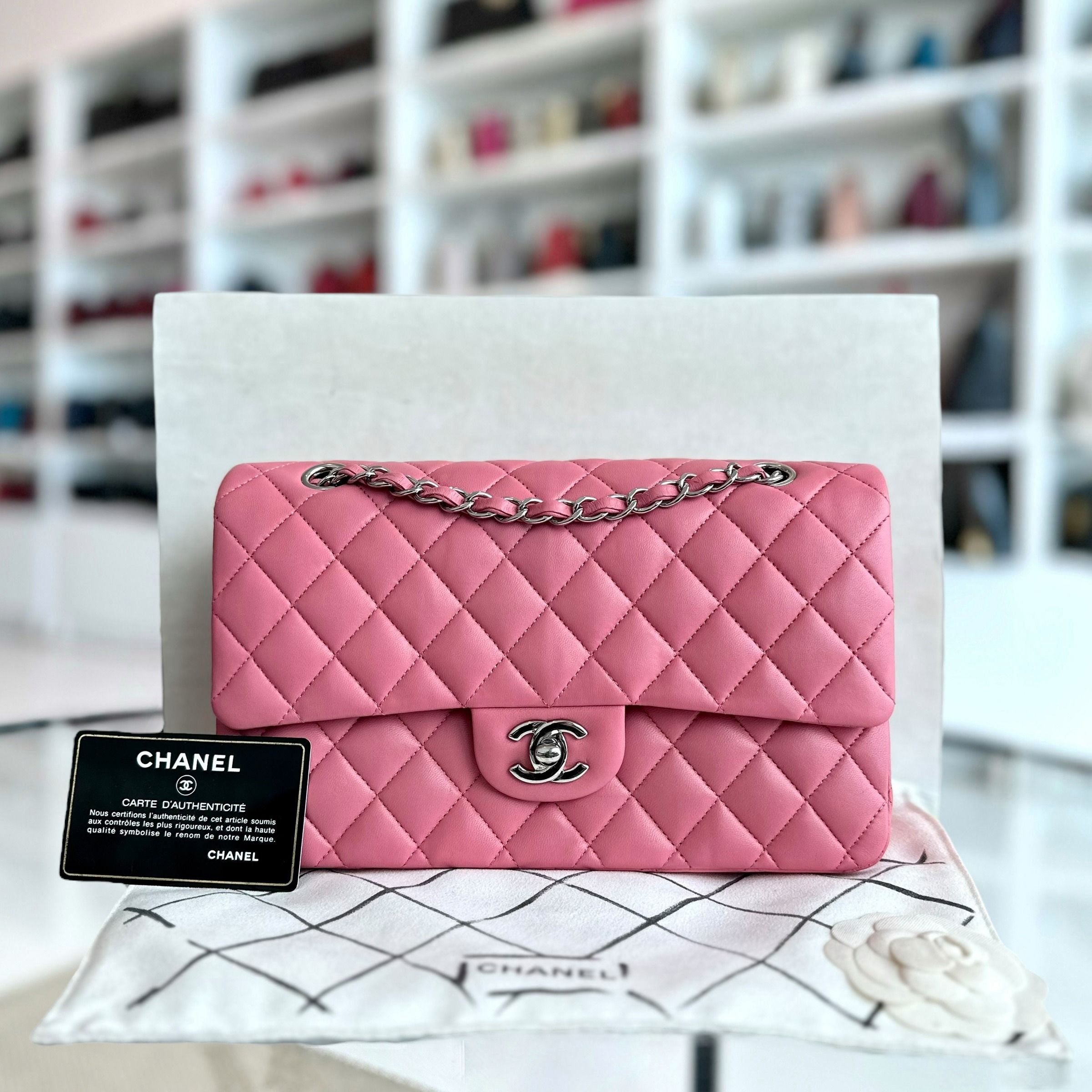 Chanel Medium Classic Flap 25CM Quilted Lambskin Sakura Pink SHW No 18 - Luxury Evermore